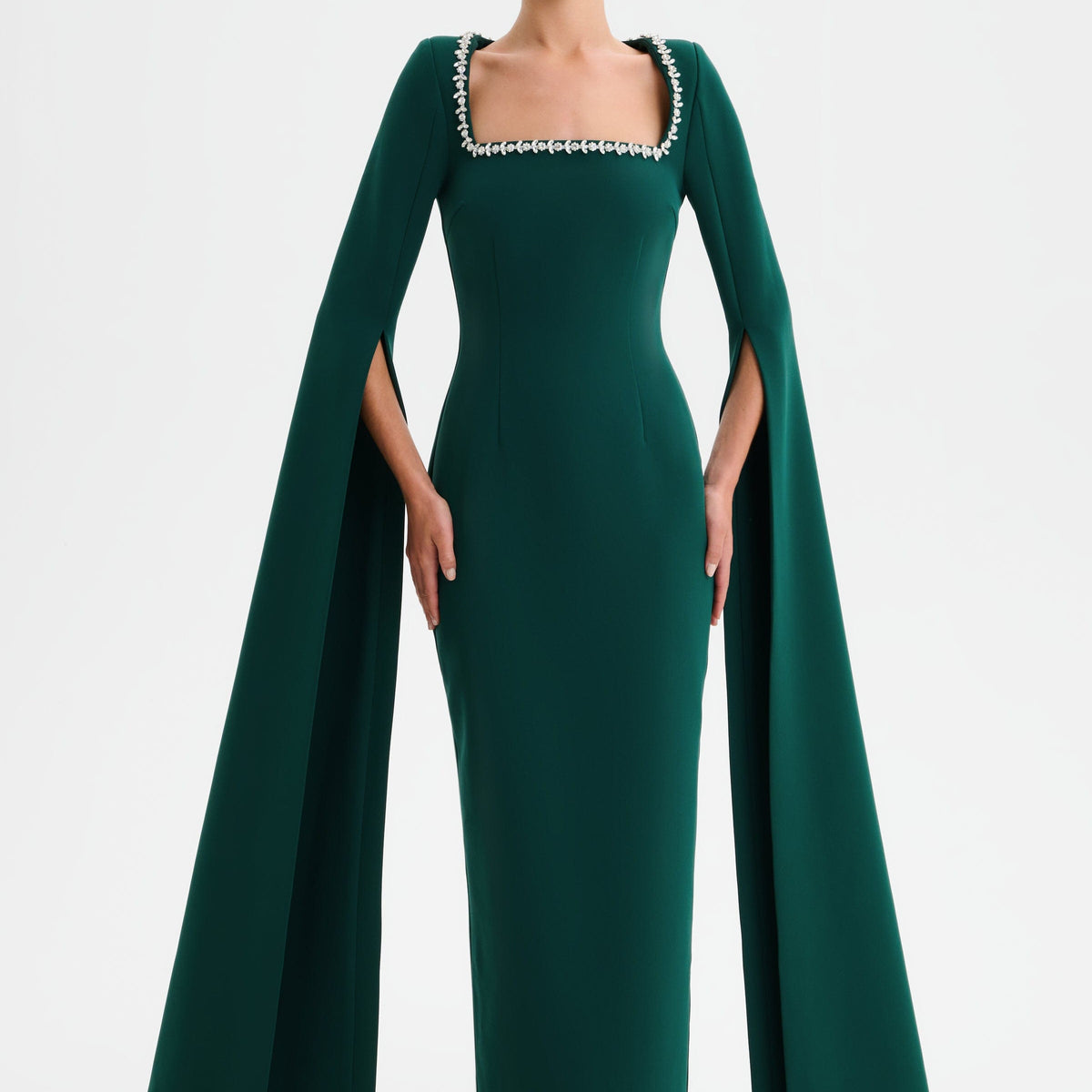 GRACE Square Neck Embellished Cape Sleeve Maxi Dress in Emerald Green