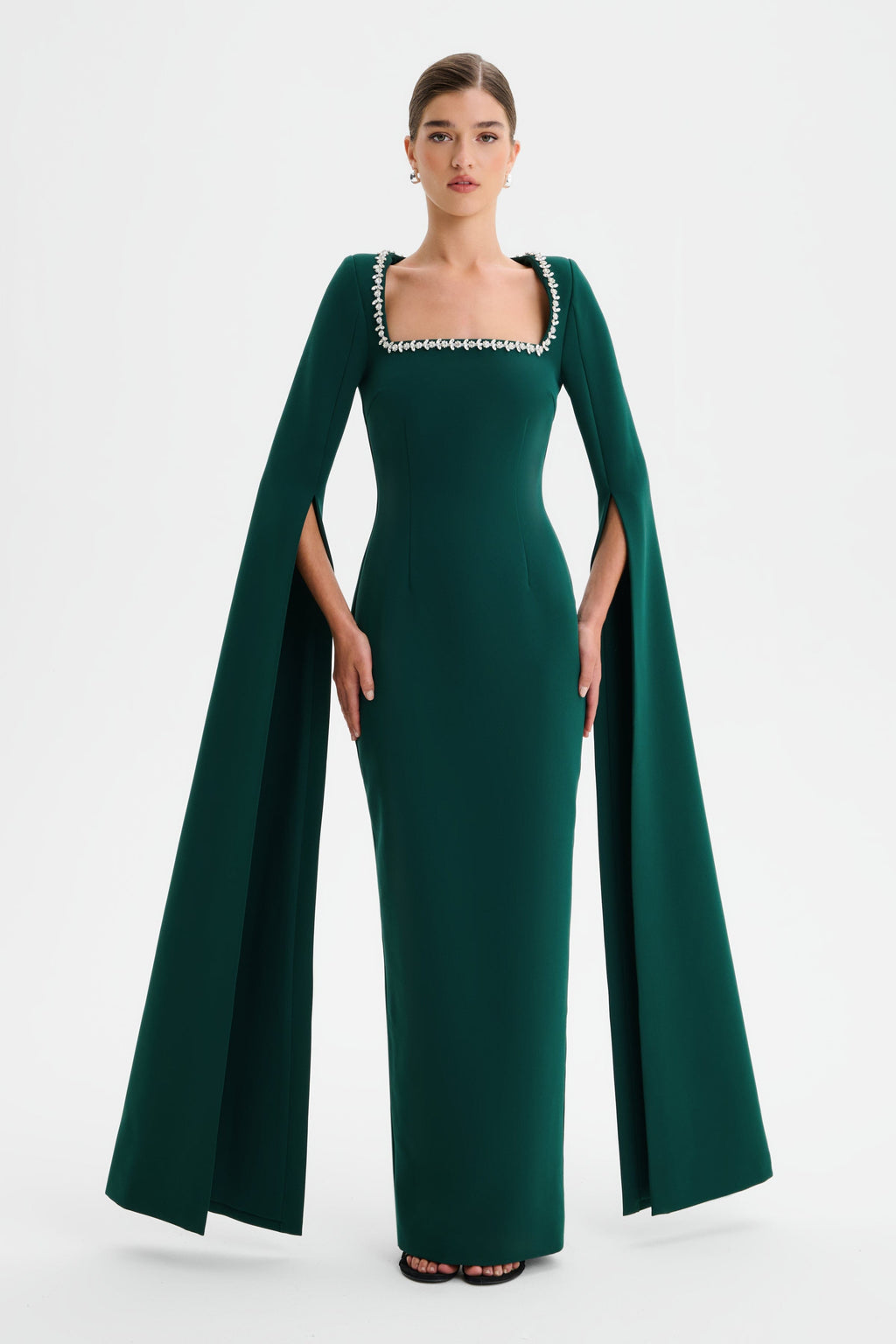 GRACE Square Neck Embellished Cape Sleeve Maxi Dress