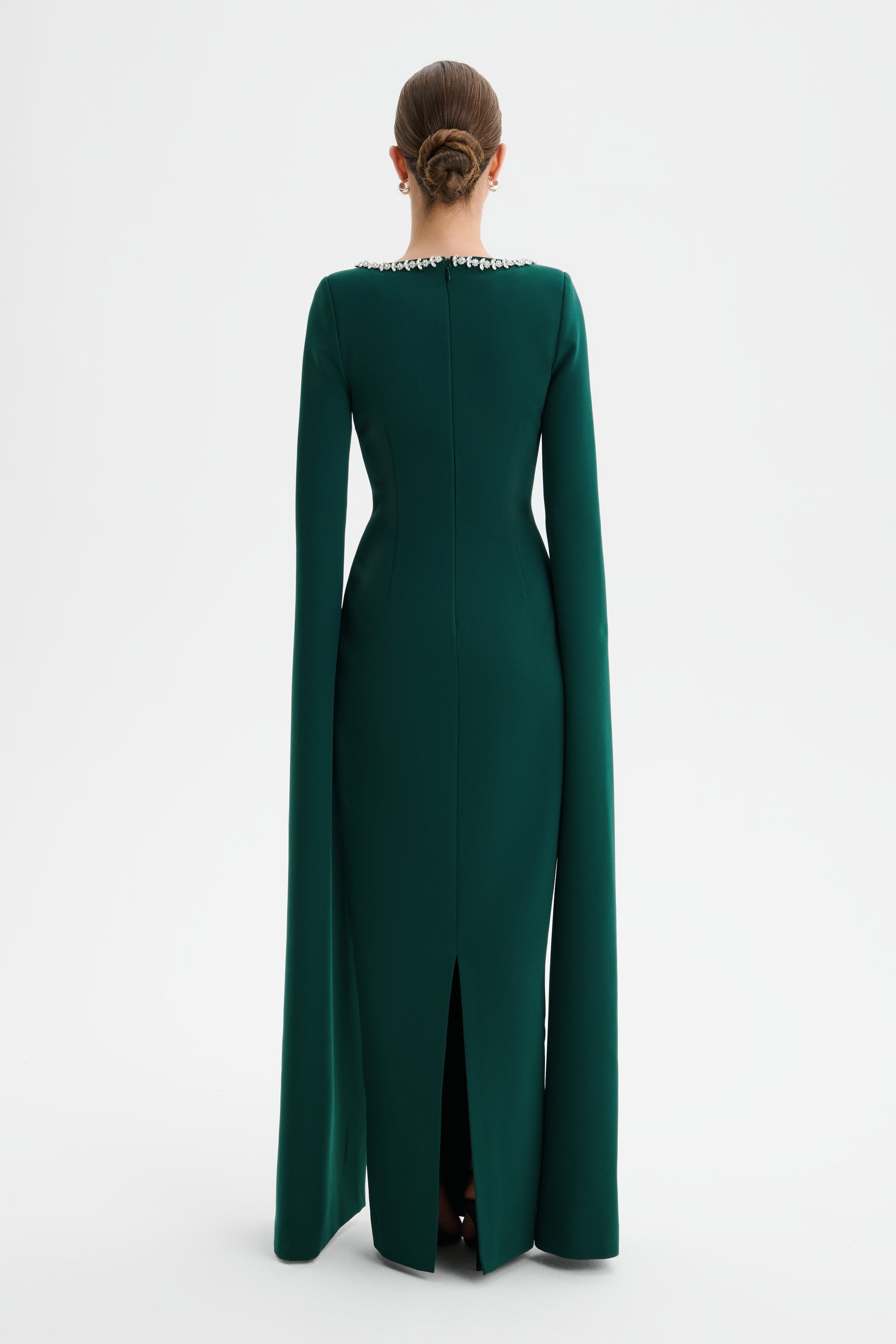 GRACE Square Neck Embellished Cape Sleeve Maxi Dress in Emerald Green