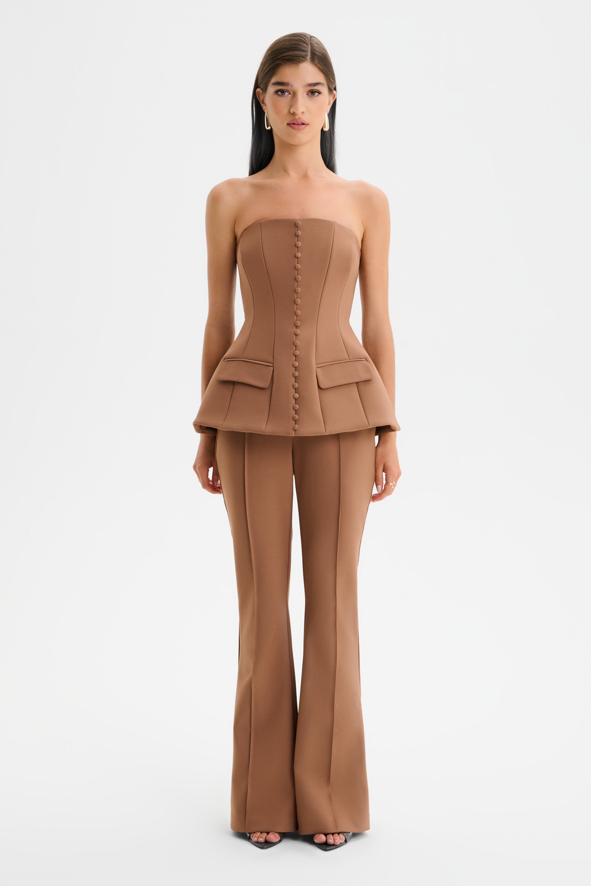 AMY Structured Strapless Jumpsuit in Brown
