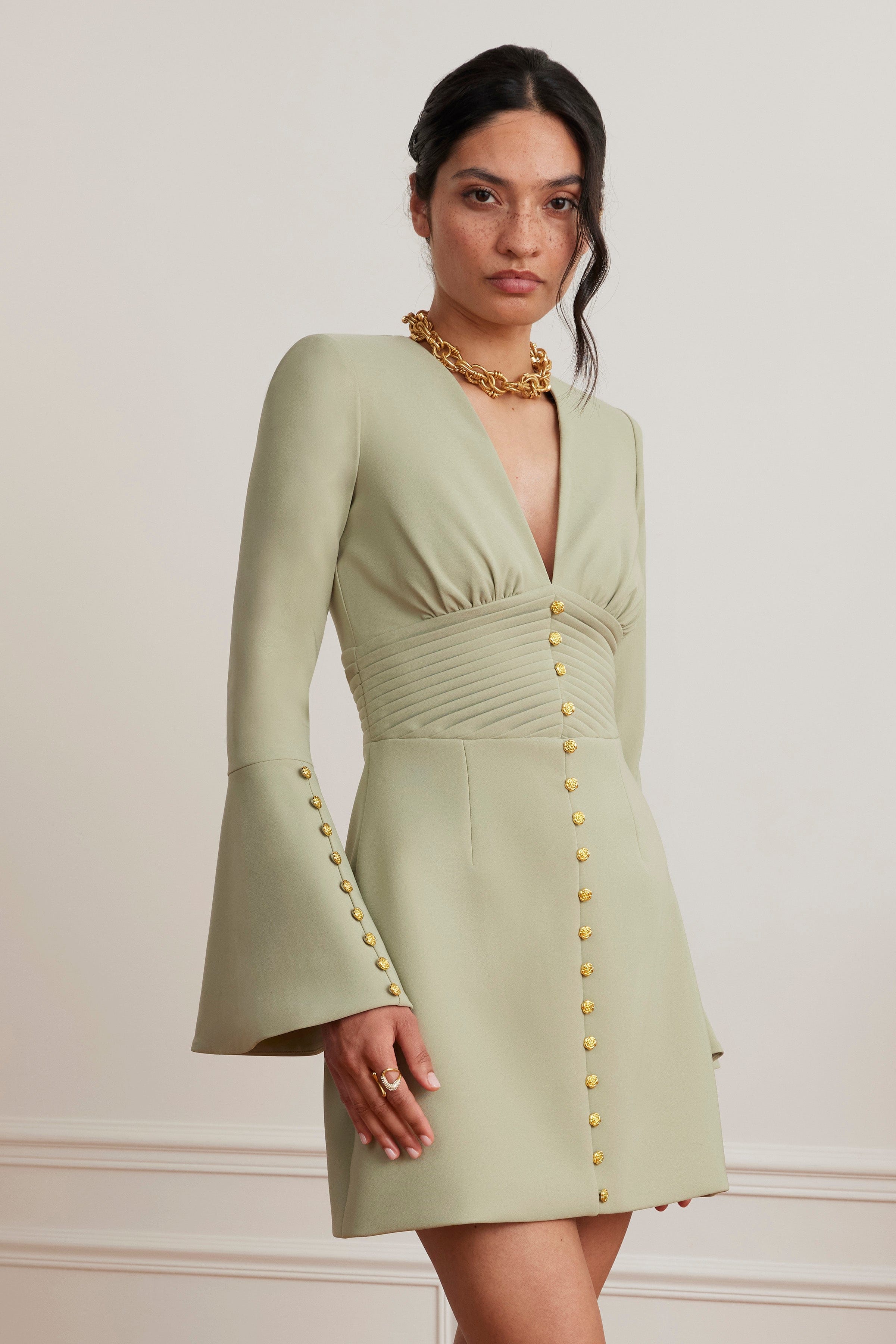 lara green dress LARA Fluted Sleeve Rose Button Mini Tulip Dress In Sage Green