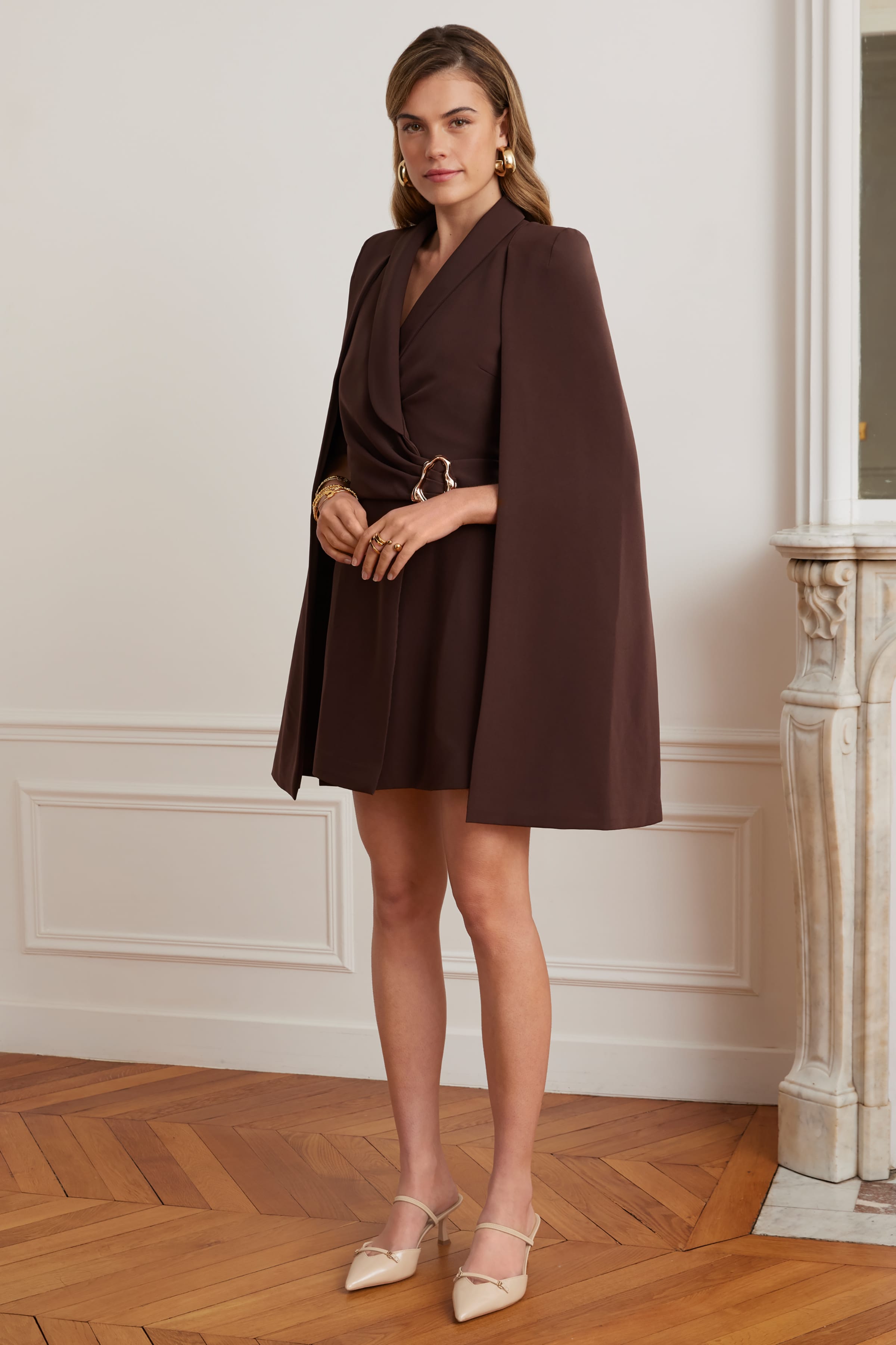 ALEXANDRA Cape Sleeve Self Wrap Mini Dress In Dark Brown