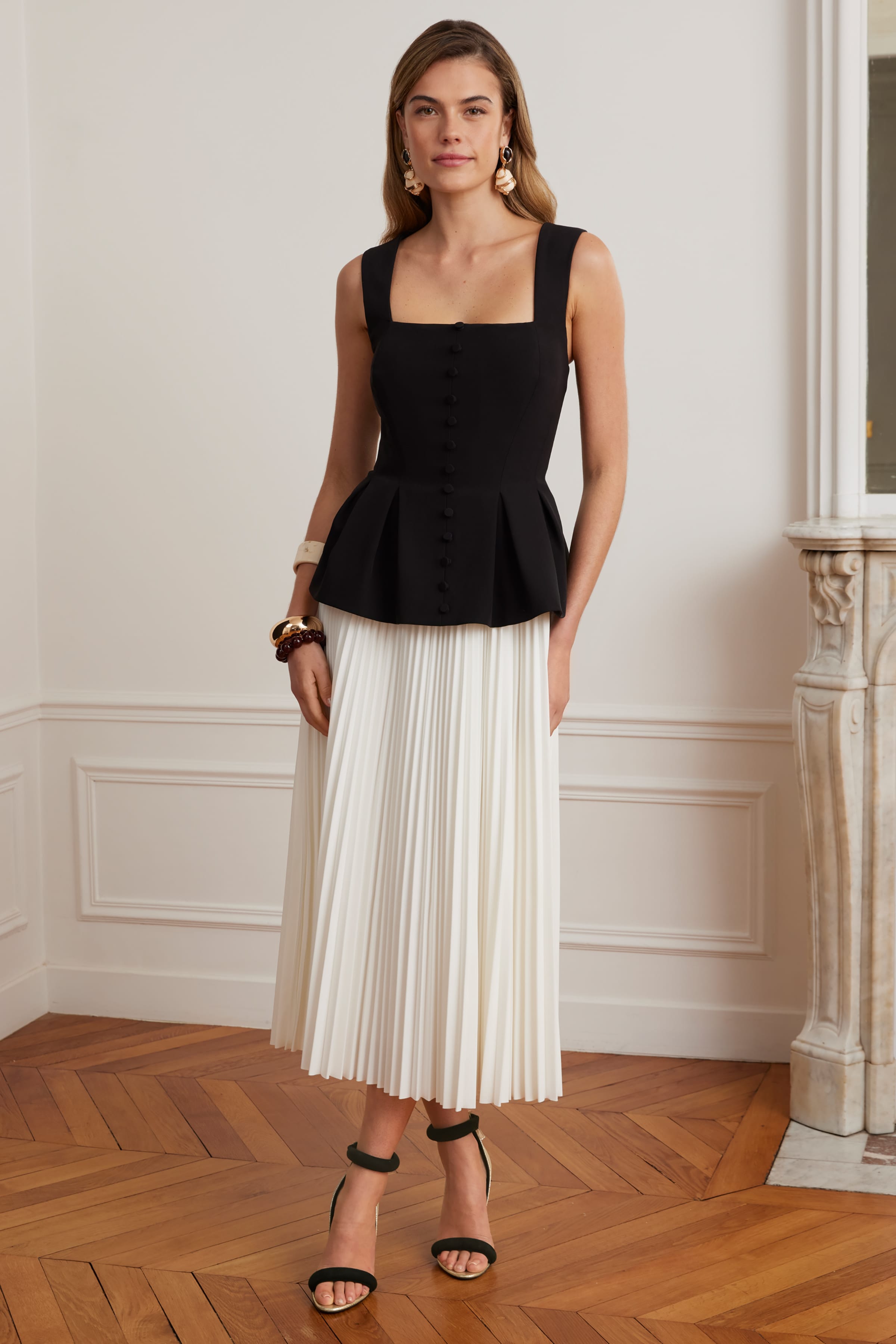 LANA Square Neck Peplum And Pleated Skirt Midi Dress In Black And Whit LANA Square Neck Peplum And Pleated Skirt Midi Dress In Black And Whit