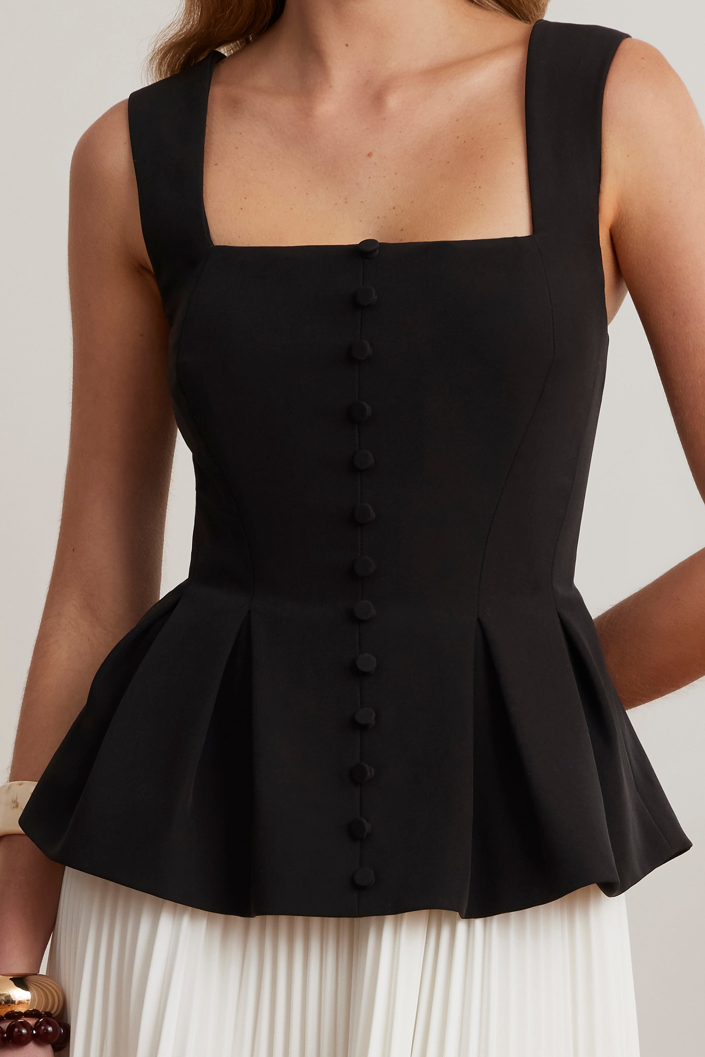 LANA Square Neck Peplum And Pleated Skirt Midi Dress In Black And Whit