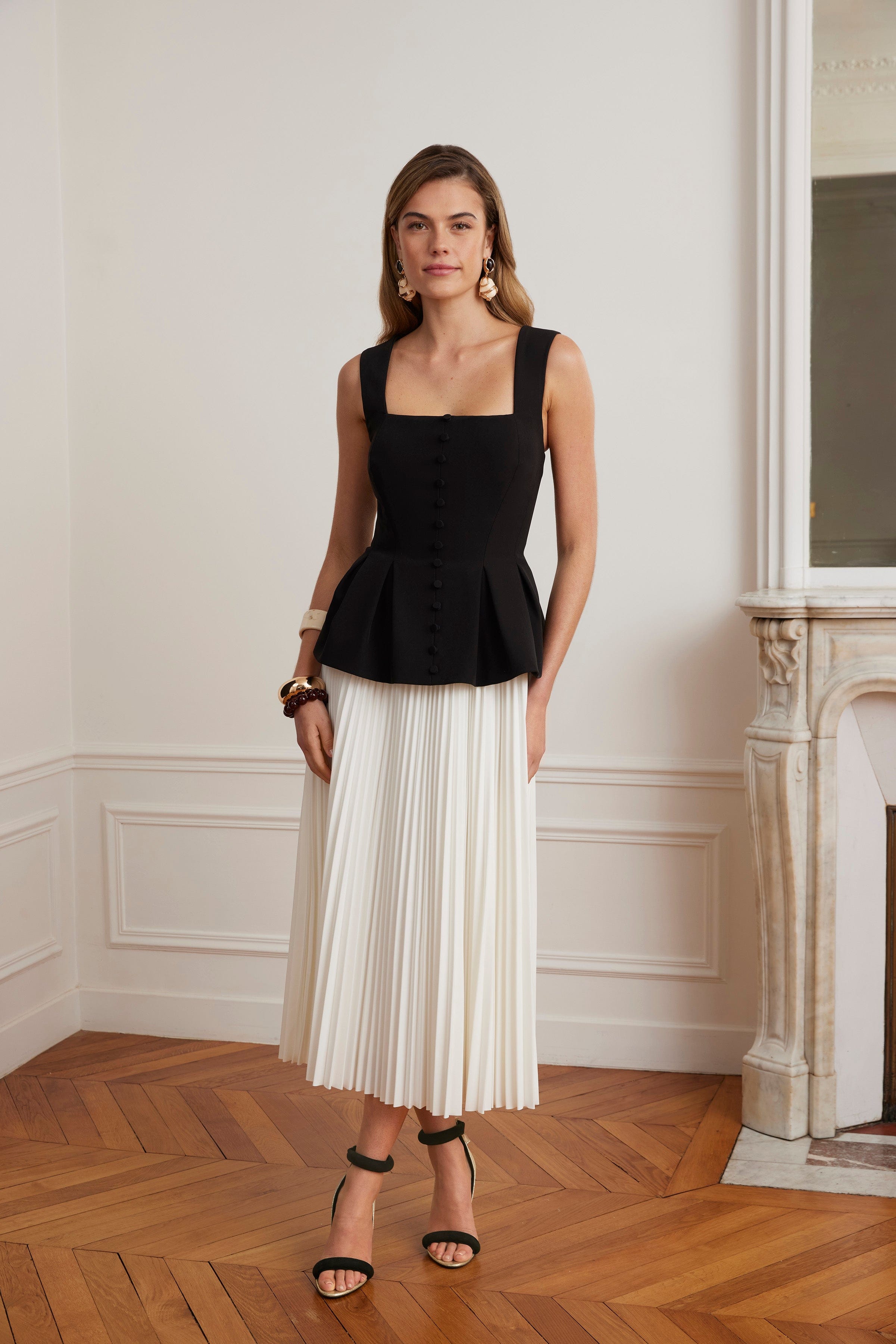 LANA Square Neck Peplum And Pleated Skirt Midi Dress In Black And Whit