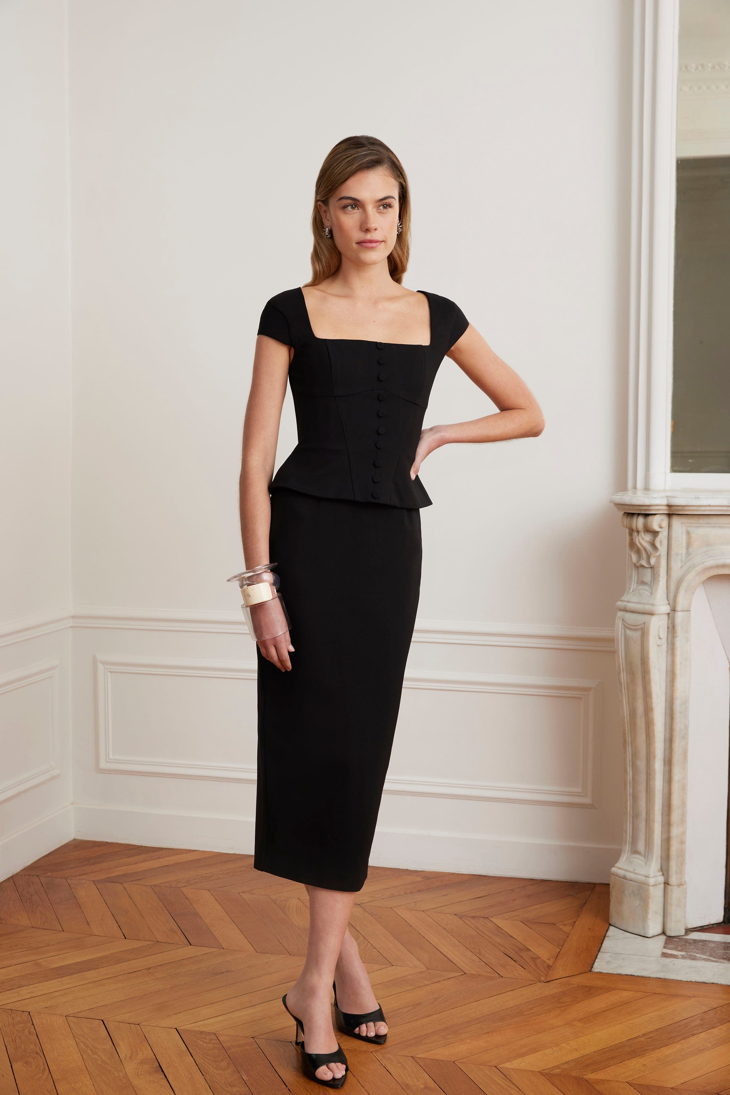 ELISA Corset Peplum Ponte Midi Dress In Black