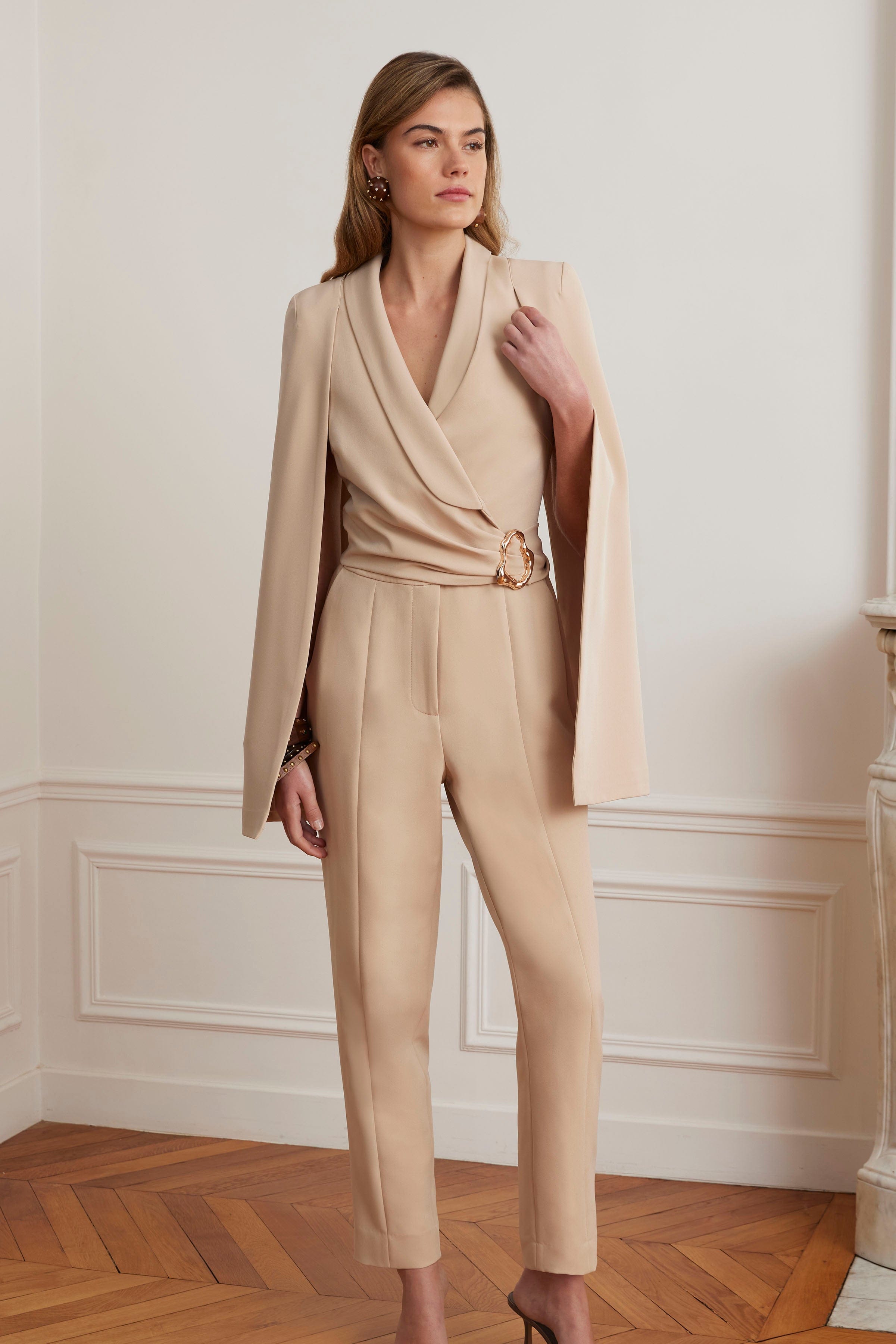 LILIA Cape Sleeve Self Wrap Tailored Jumpsuit In Sand