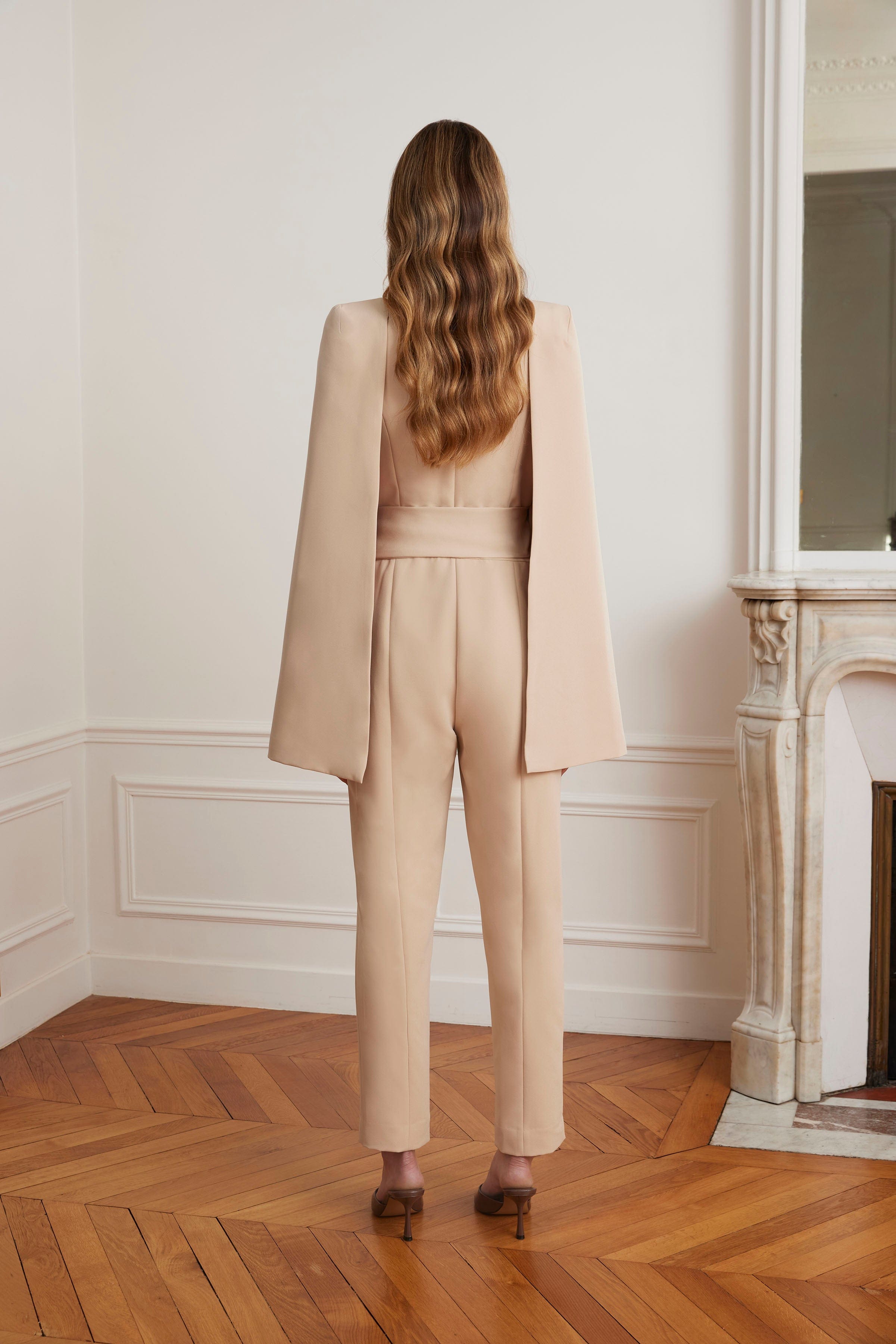 LILIA Cape Sleeve Self Wrap Tailored Jumpsuit In Sand