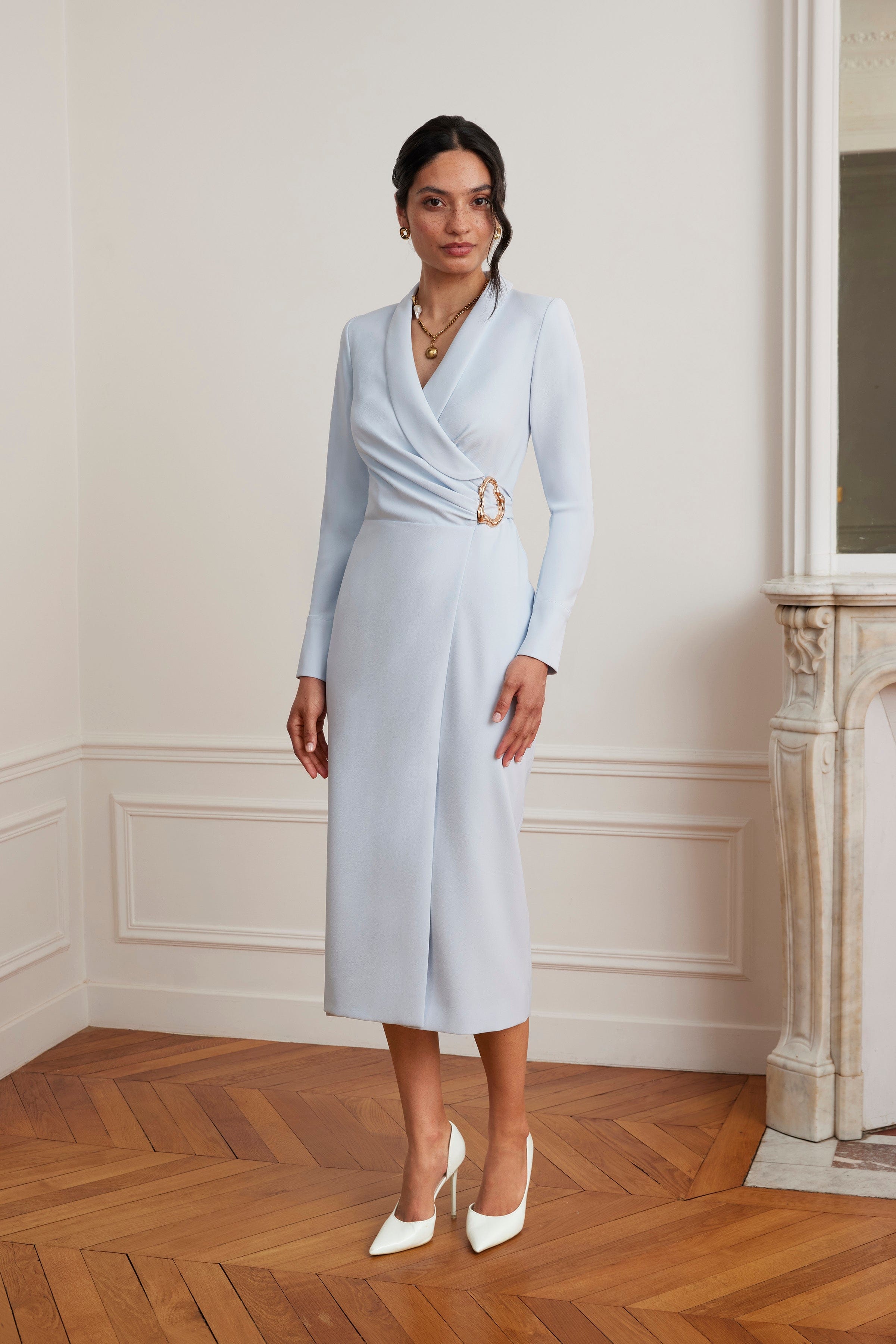 LILIANNE True Wrap Shirt Midi Dress With Gold Hardware In Powder Blue LILIANNE True Wrap Shirt Midi Dress With Gold Hardware In Powder Blue