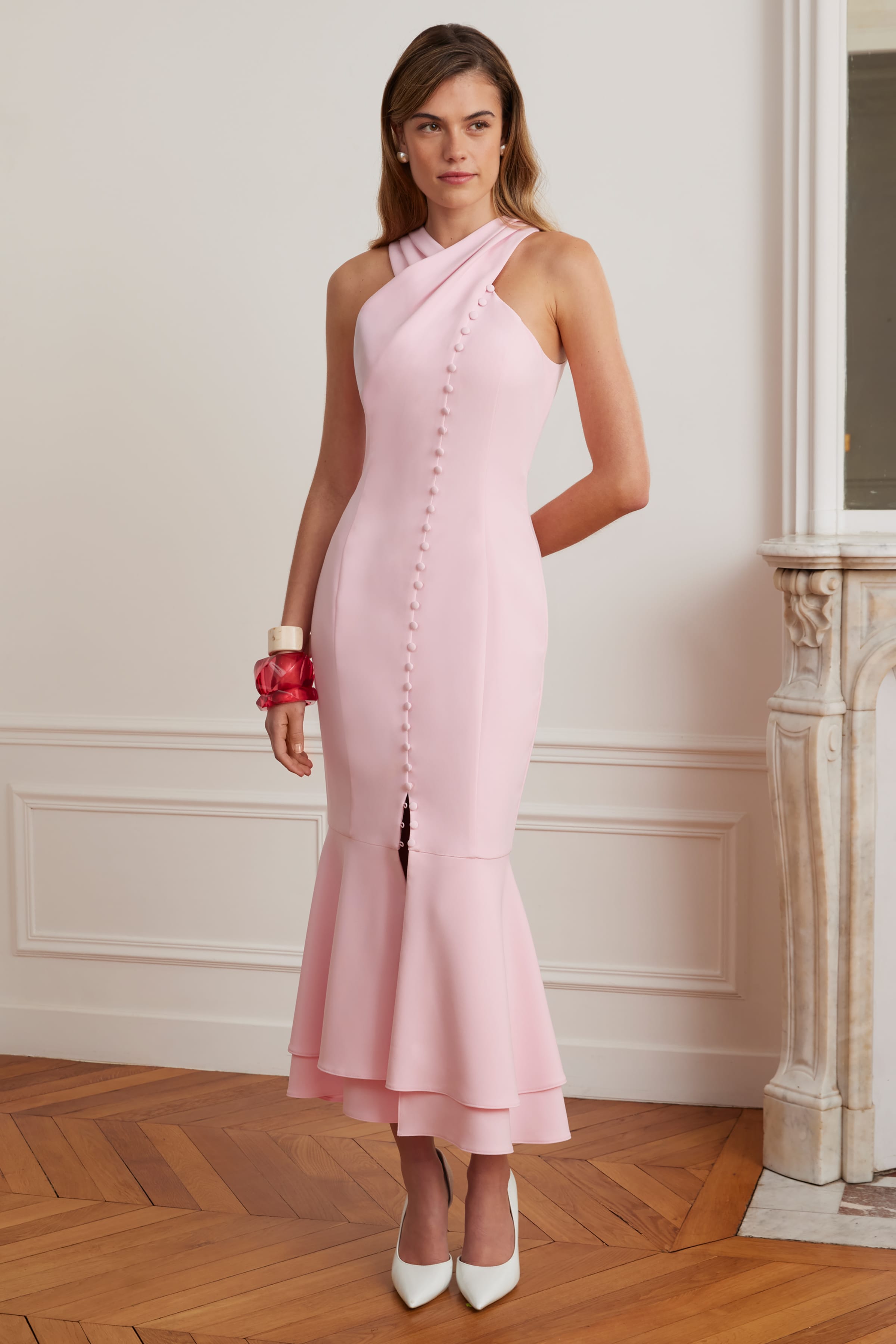 ALTHEA Cross Neck Button Through Fishtail Midi Dress In Pink ALTHEA Cross Neck Button Through Fishtail Midi Dress In Pink