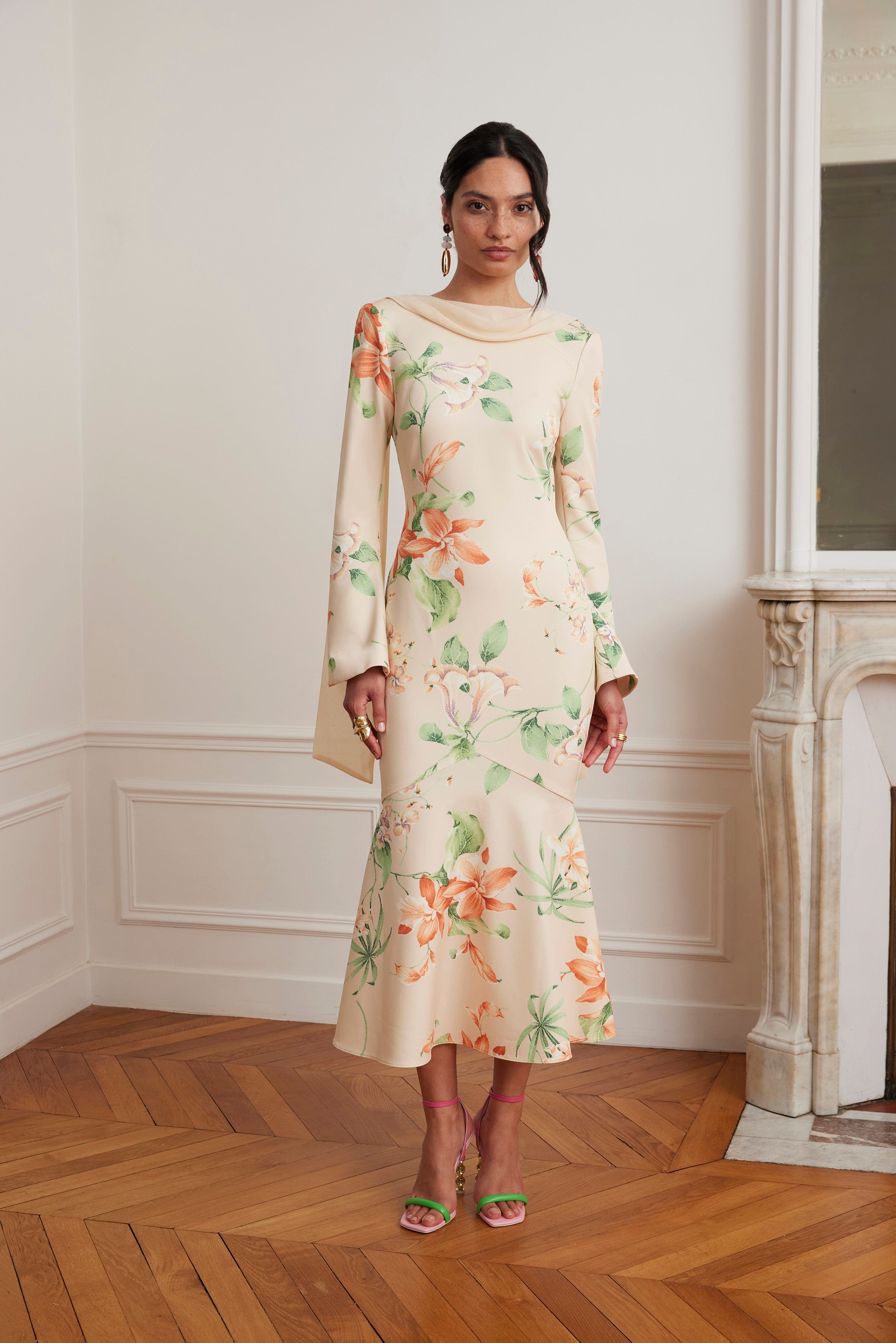 fishtail hem midi dress BROOKE Floral Print Fishtail Midi Dress With Chiffon Drape In Yellow