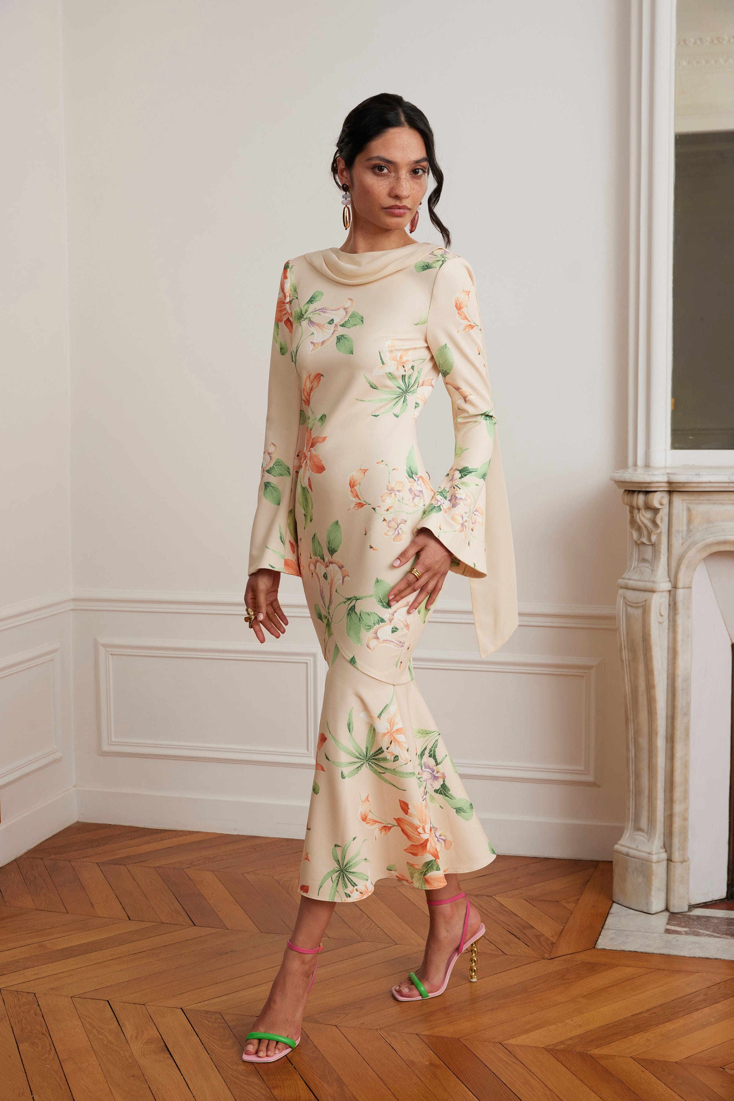 floral fishtail midi dress BROOKE Floral Print Fishtail Midi Dress With Chiffon Drape In Yellow