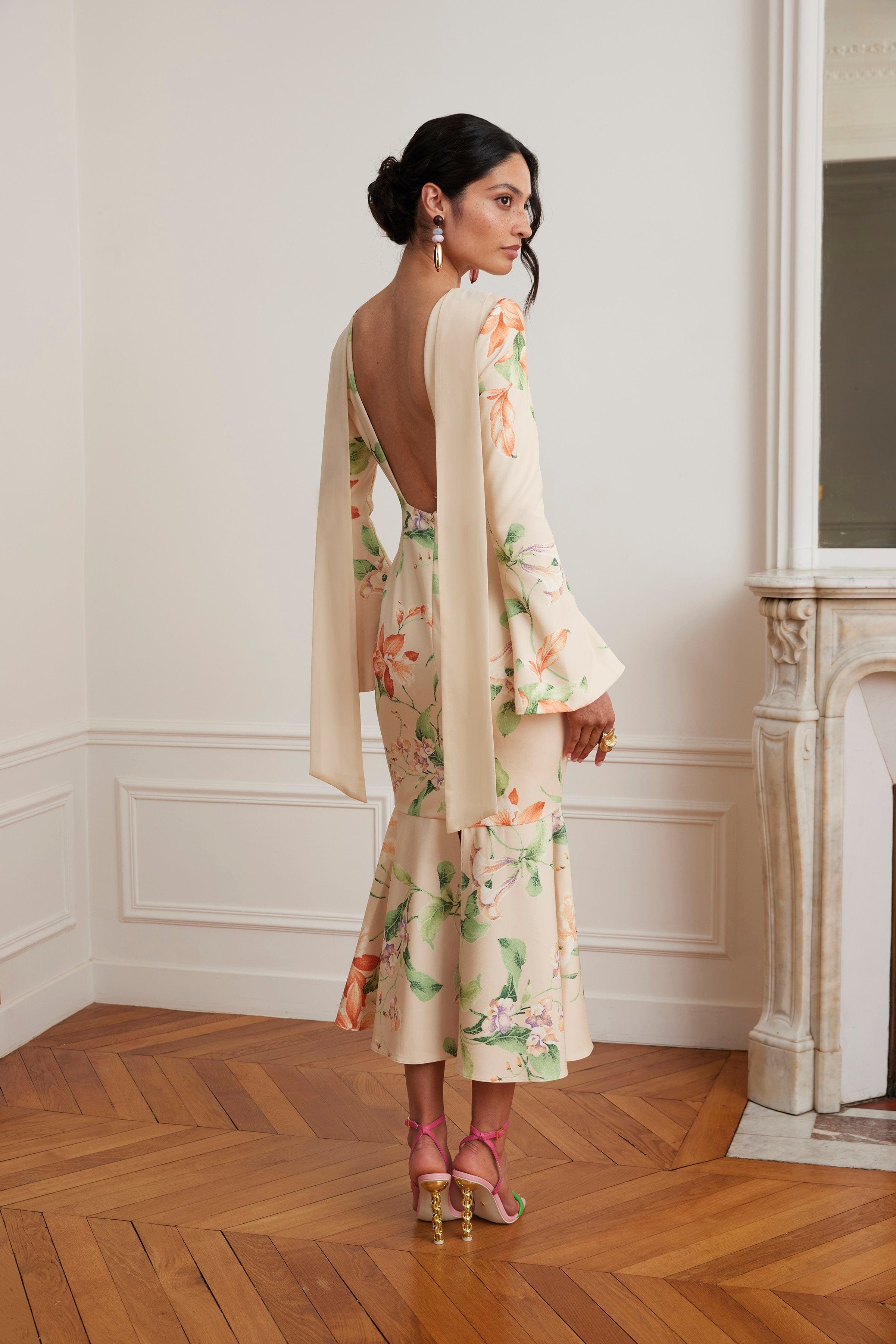 midi fishtail dress BROOKE Floral Print Fishtail Midi Dress With Chiffon Drape In Yellow