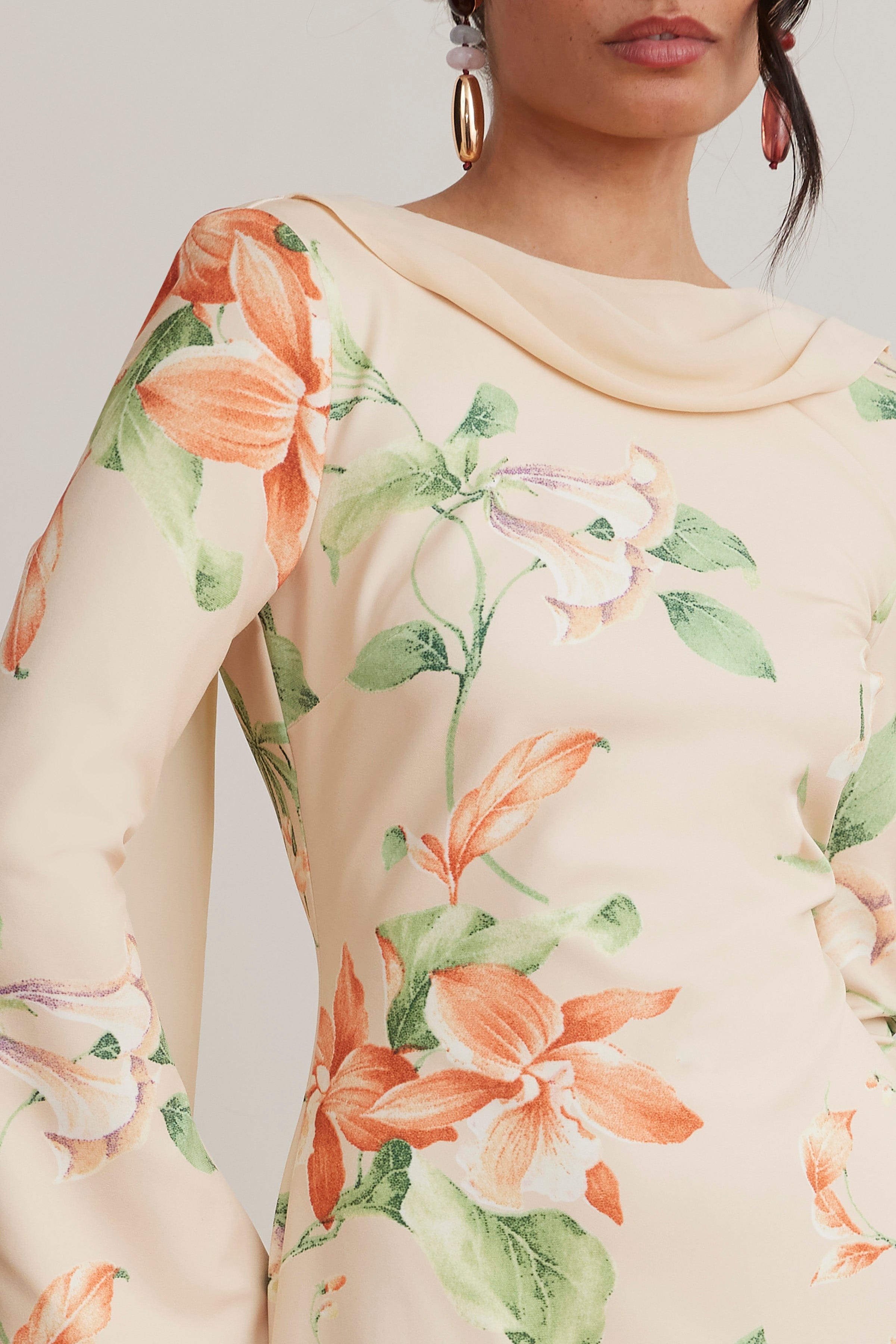 floral fishtail midi dress BROOKE Floral Print Fishtail Midi Dress With Chiffon Drape In Yellow