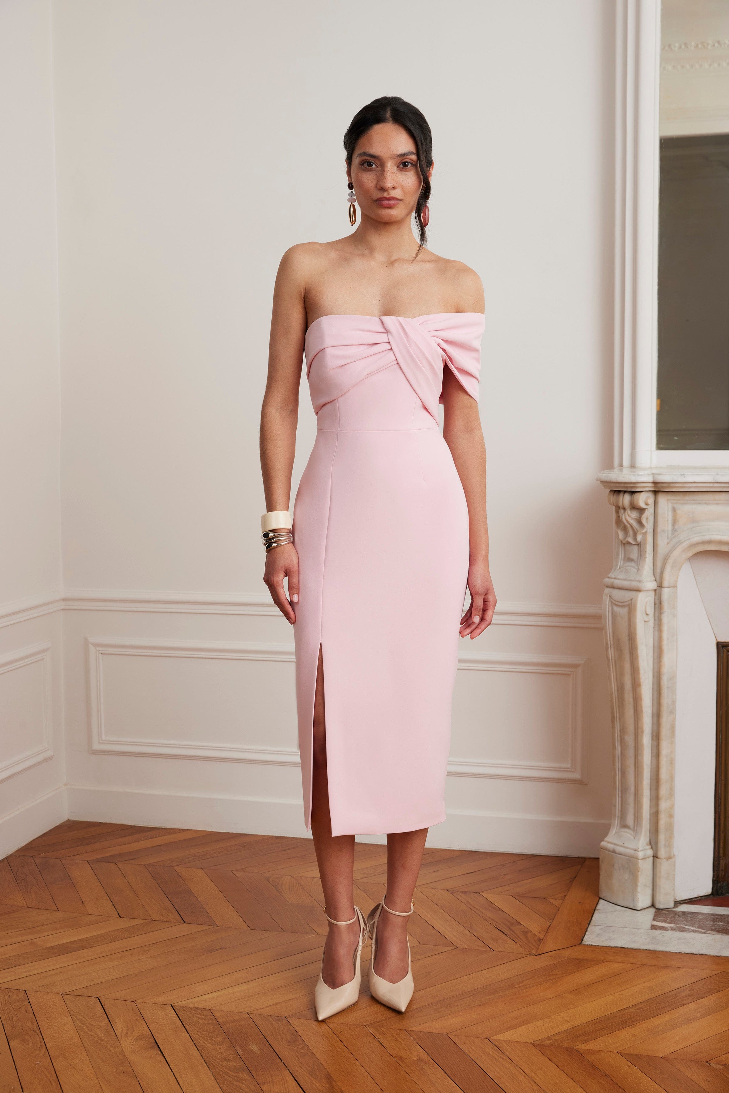 karina midi dress KARINA Off Shoulder Midi Dress In Pink