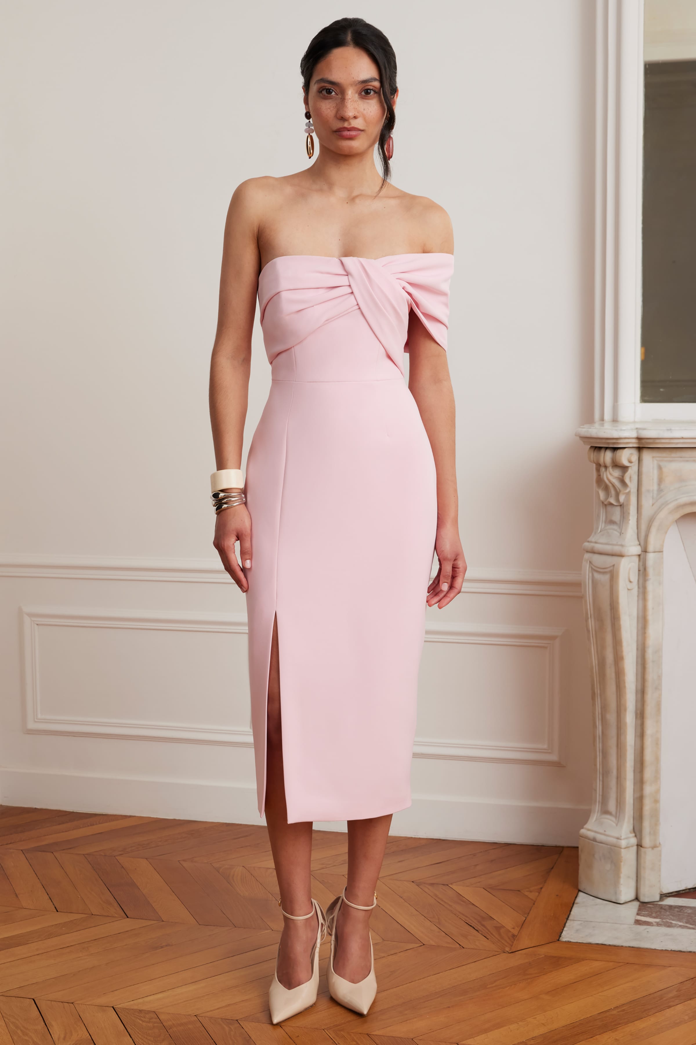 KARINA Off Shoulder Midi Dress In Pink
