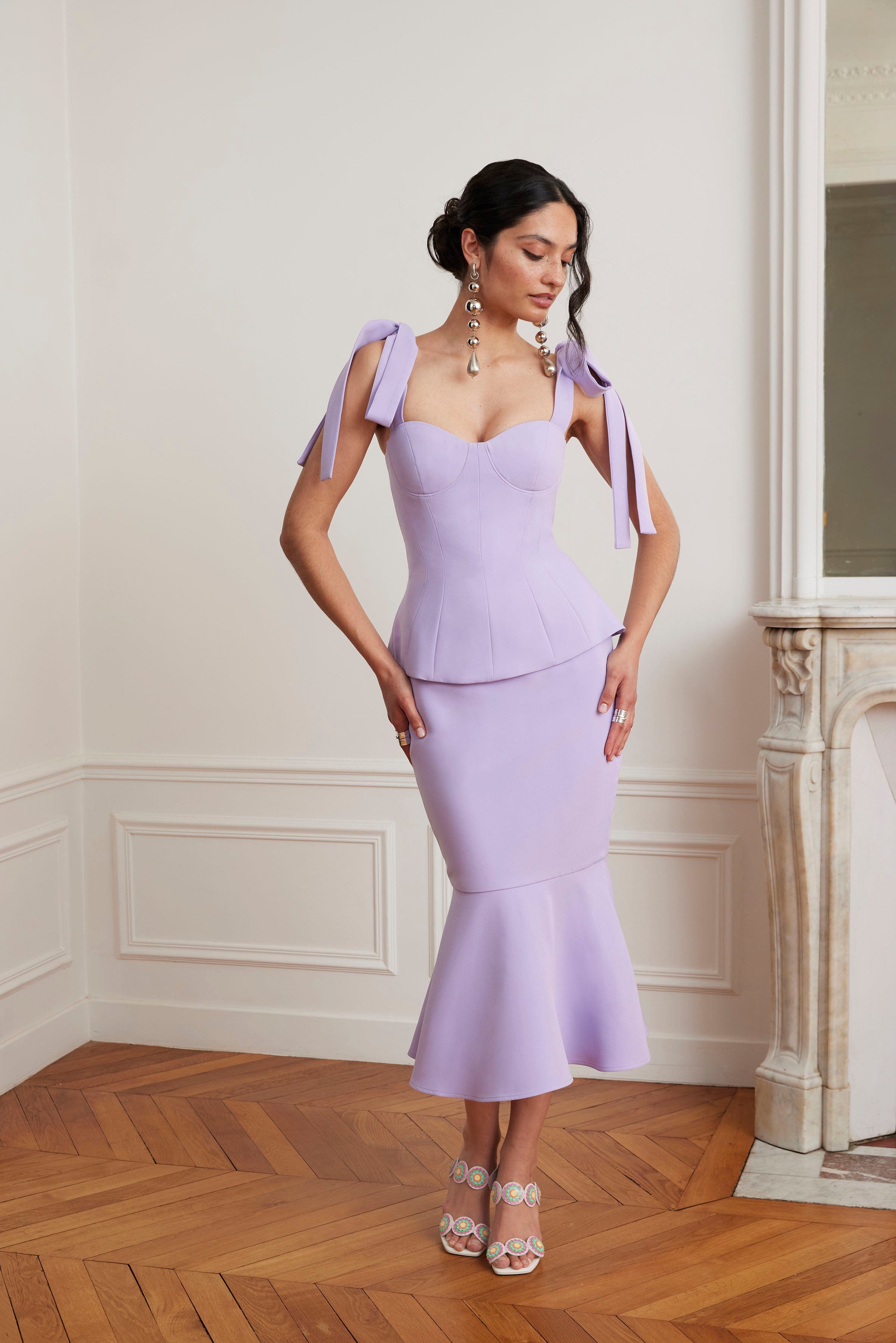 LEONA Tie Shoulder Peplum Fishtail Midi Dress In Lilac