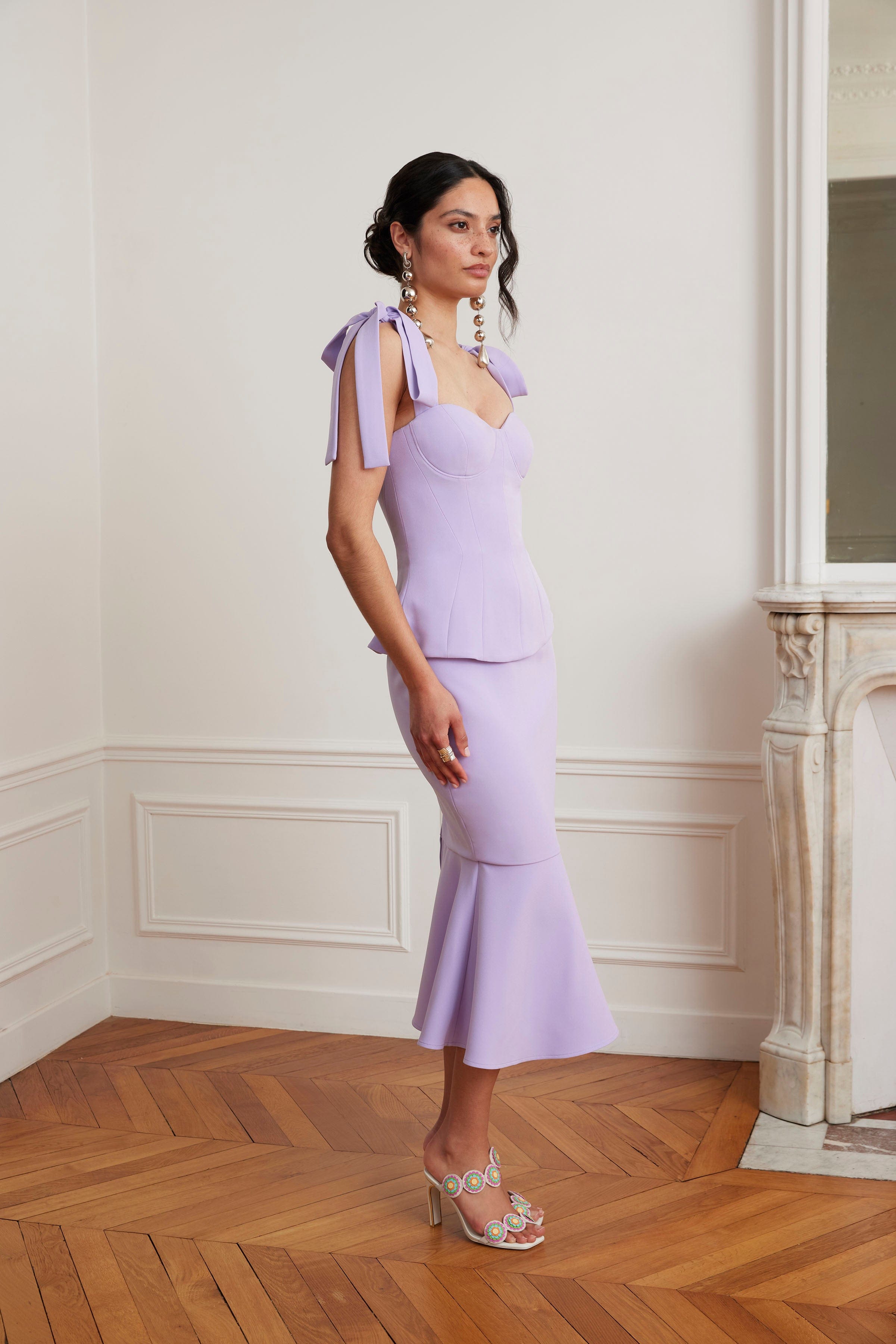 LEONA Tie Shoulder Peplum Fishtail Midi Dress In Lilac LEONA Tie Shoulder Peplum Fishtail Midi Dress In Lilac
