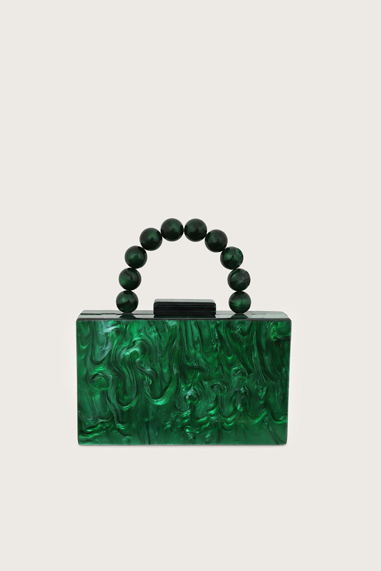 Bead Handle Marbled Box Clutch Bag in Green