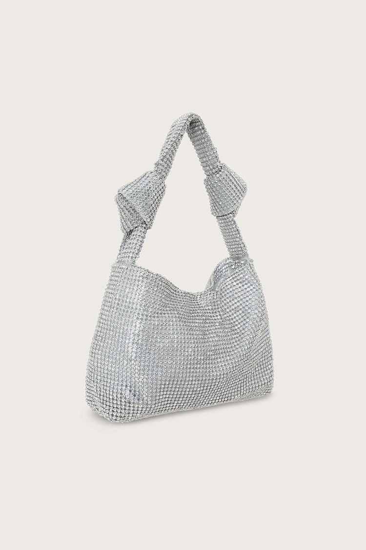 Knotted Strap Embellished Diamante Grab Bag in Silver