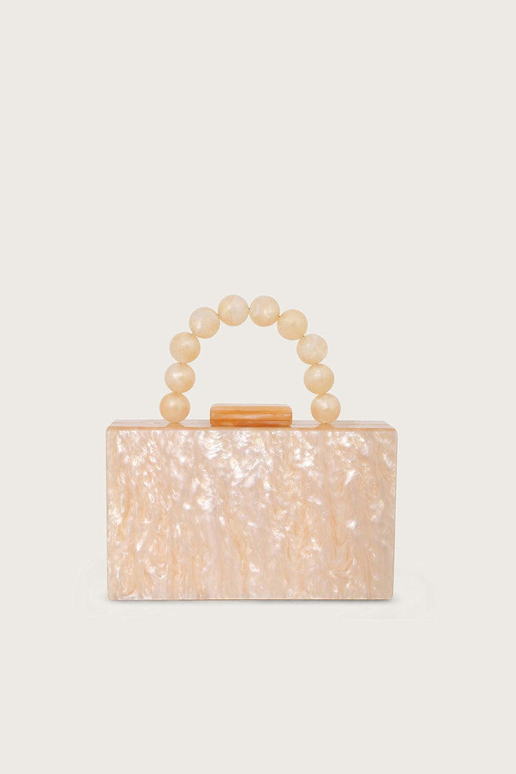 Beaded Handle Pearlised Box Clutch Bag in Champagne