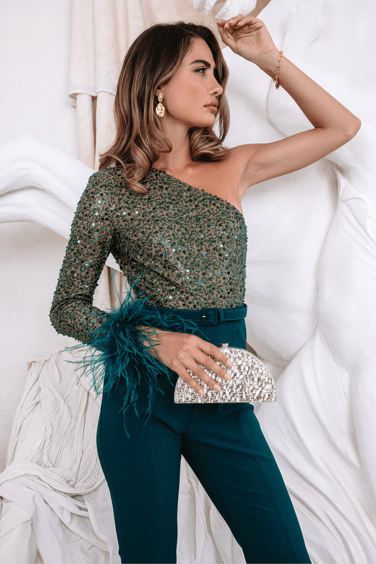 MARYNA One Shoulder Beaded Jumpsuit in Emerald