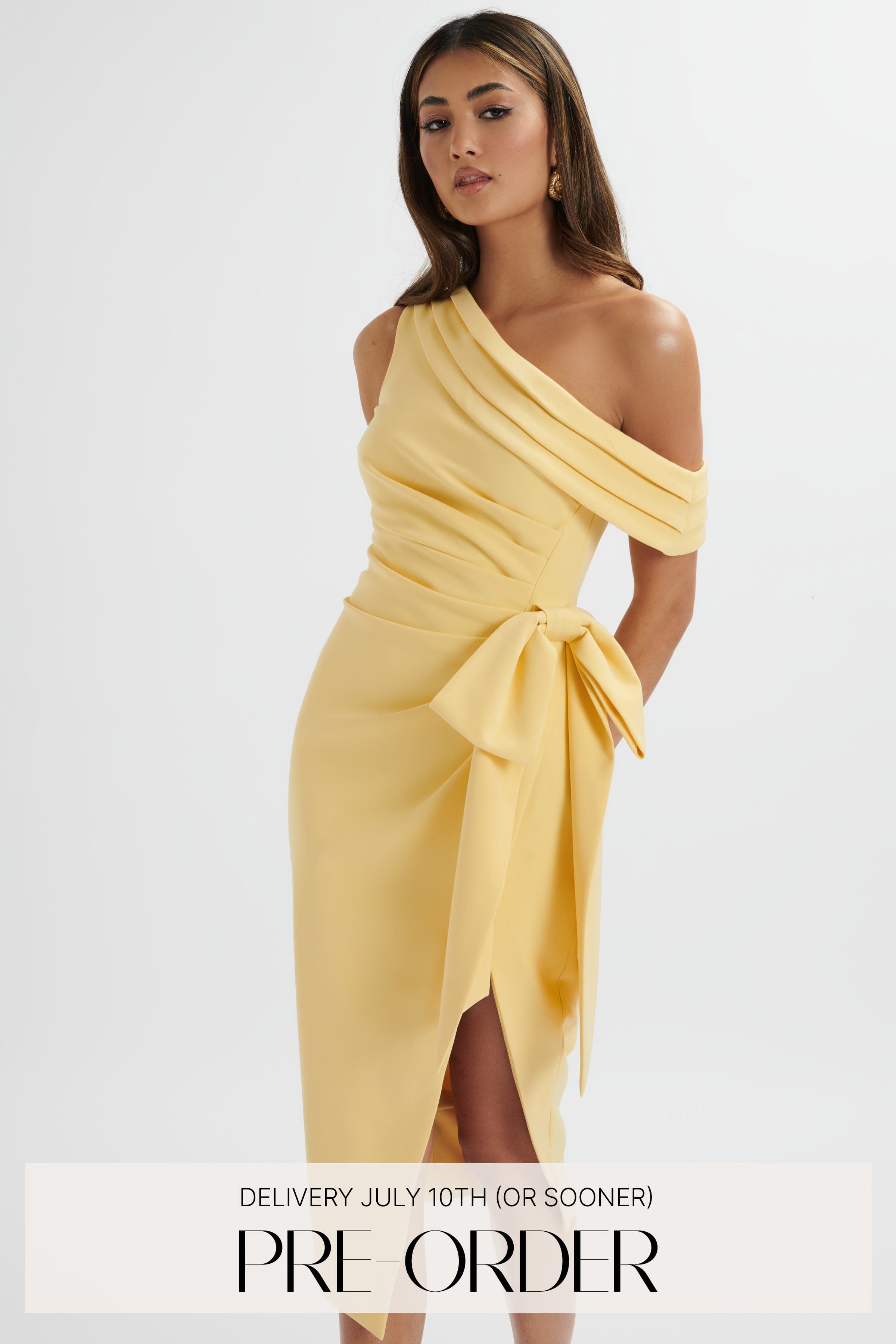 **PRE-ORDER** HONEY Asymmetric Pleated Bow Midi Dress In Pastel Yellow