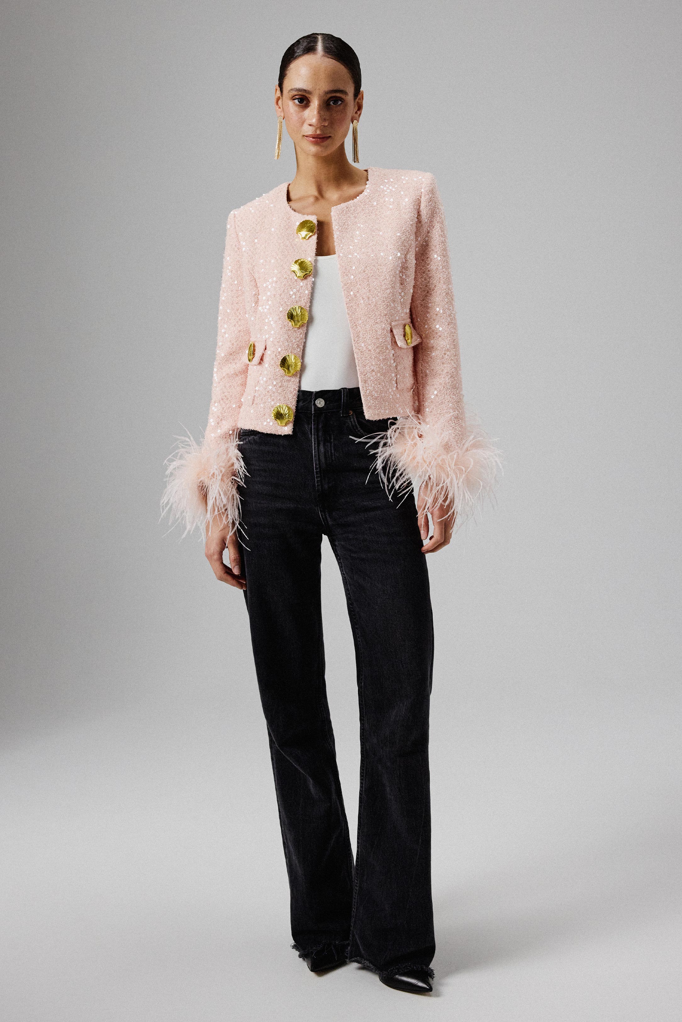 LARIA Sequin Boucle Jacket with Gold Shell Embellishment in Pink