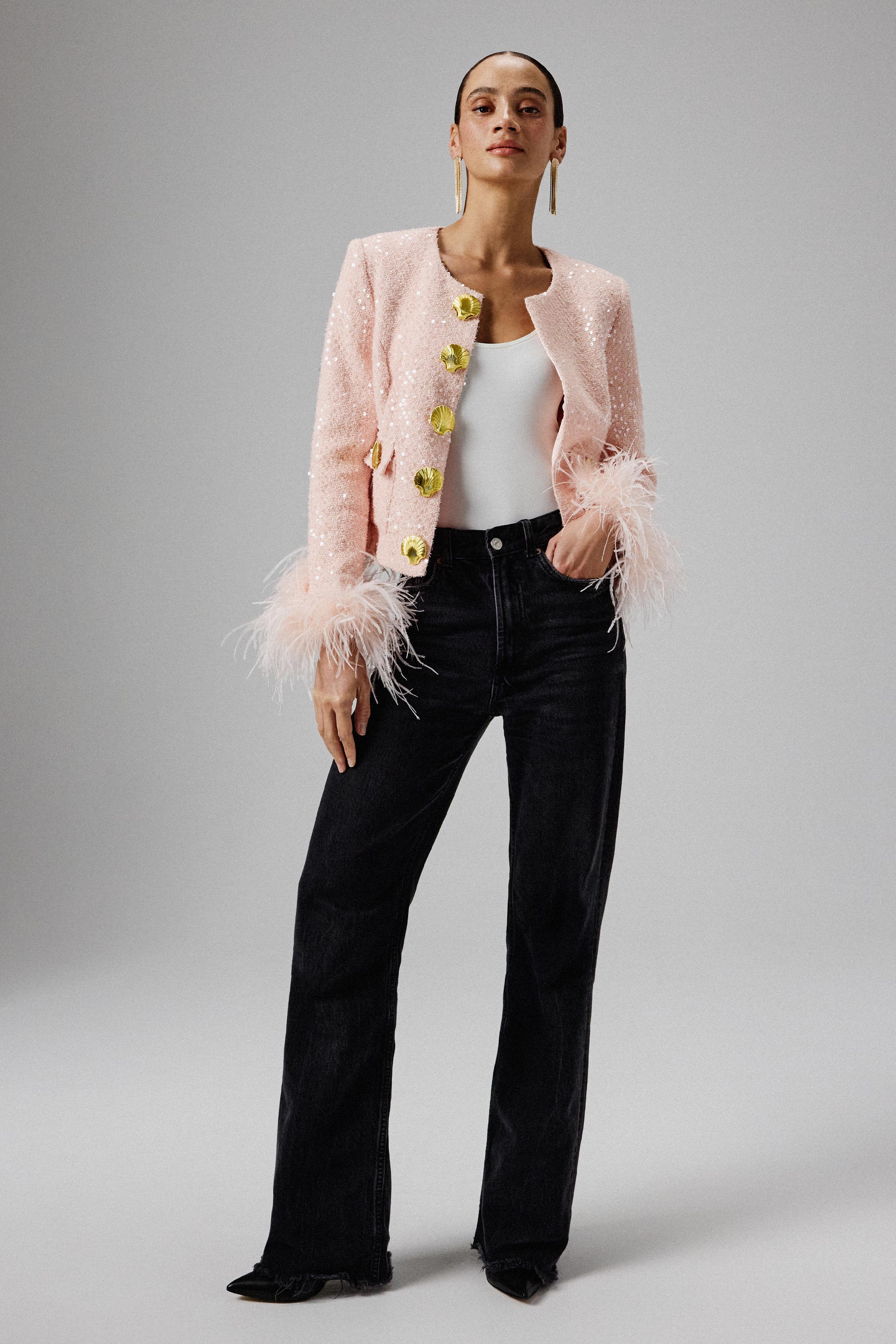 LARIA Sequin Boucle Jacket with Gold Shell Embellishment in Pink