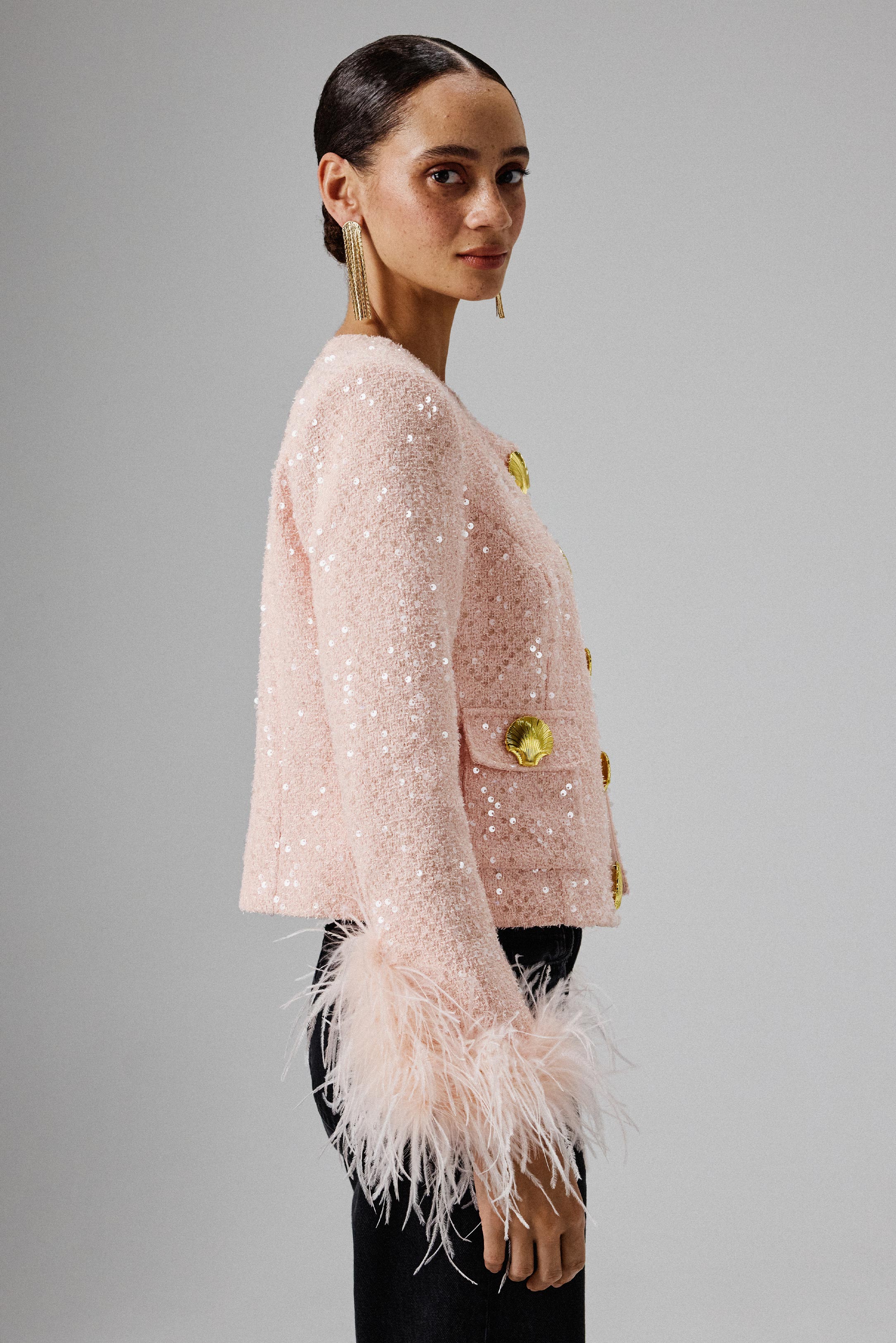 LARIA Sequin Boucle Jacket with Gold Shell Embellishment in Pink