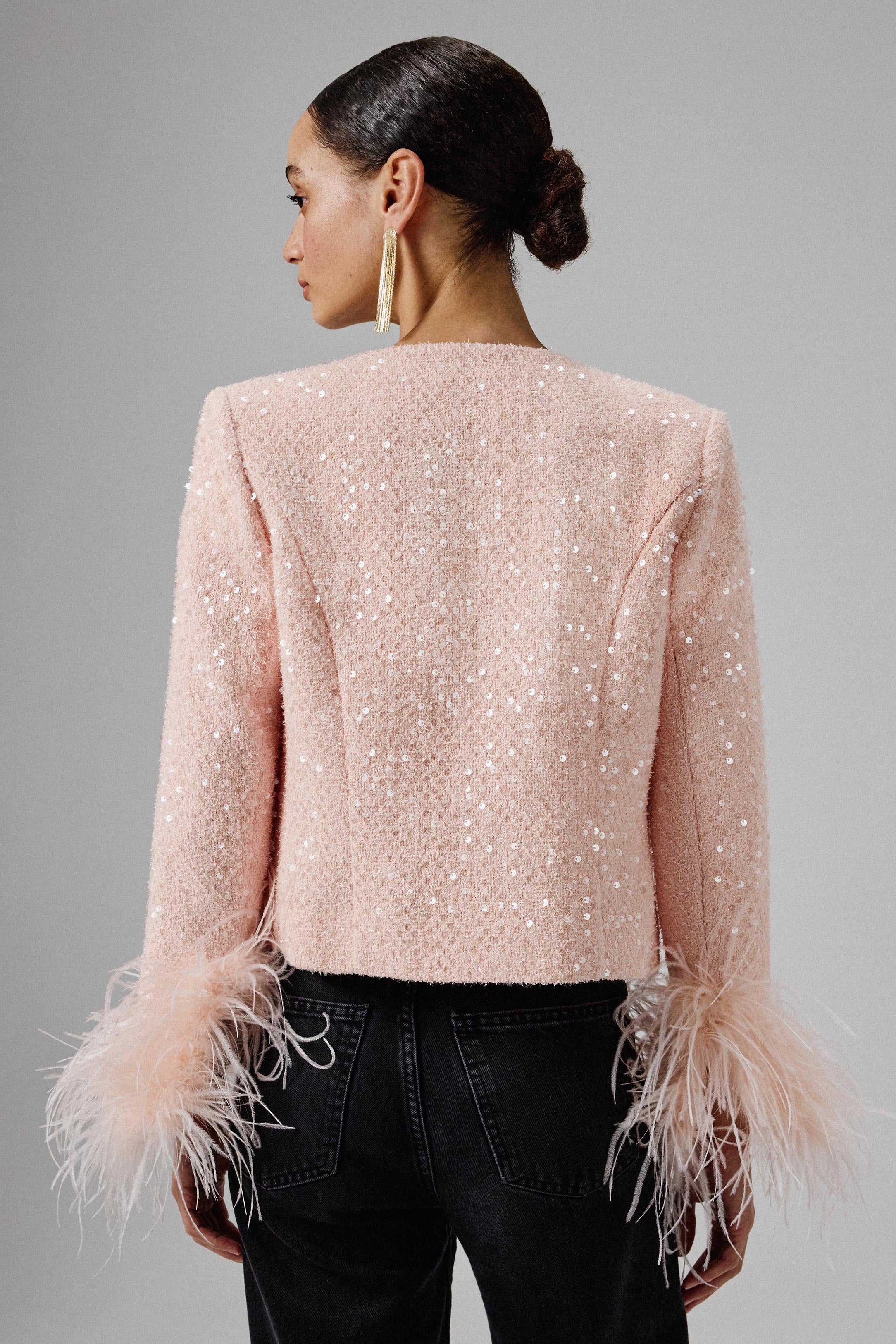 LARIA Sequin Boucle Jacket with Gold Shell Embellishment in Pink