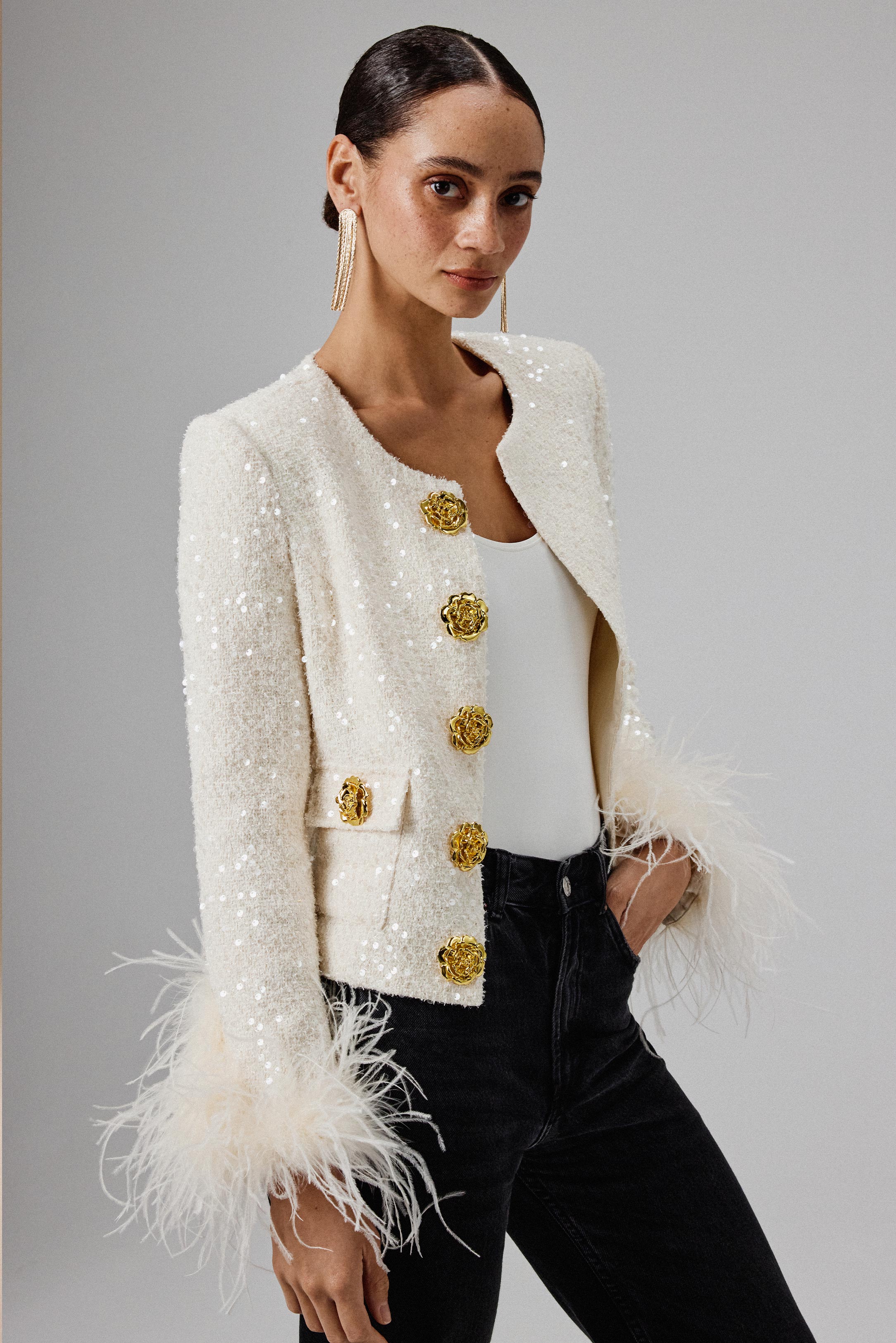 LARIA Sequin Boucle Jacket with Gold Rose Embellishment in Beige