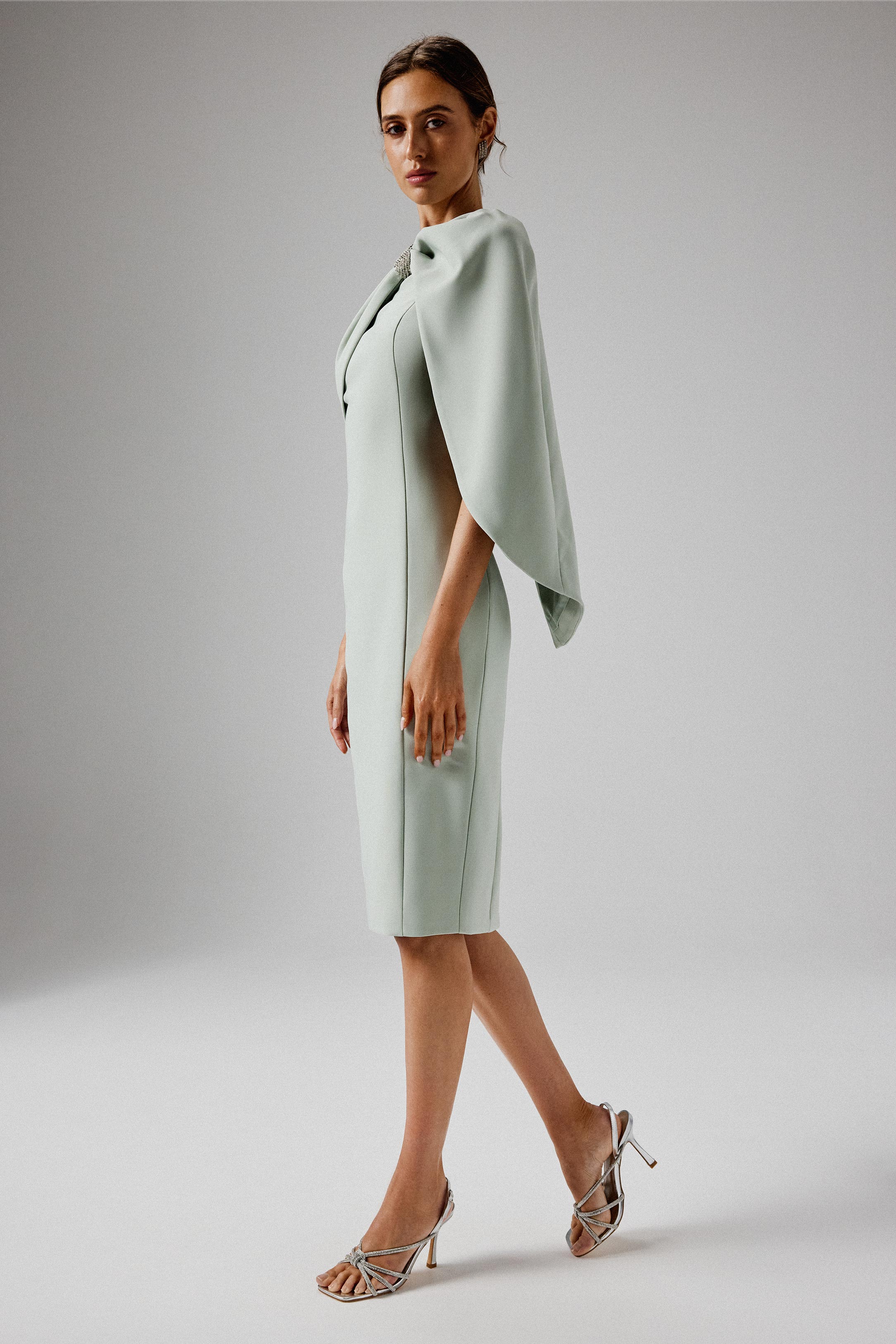 TINA One Shoulder Embellished Bow Cape Midi Dress in Sage Green