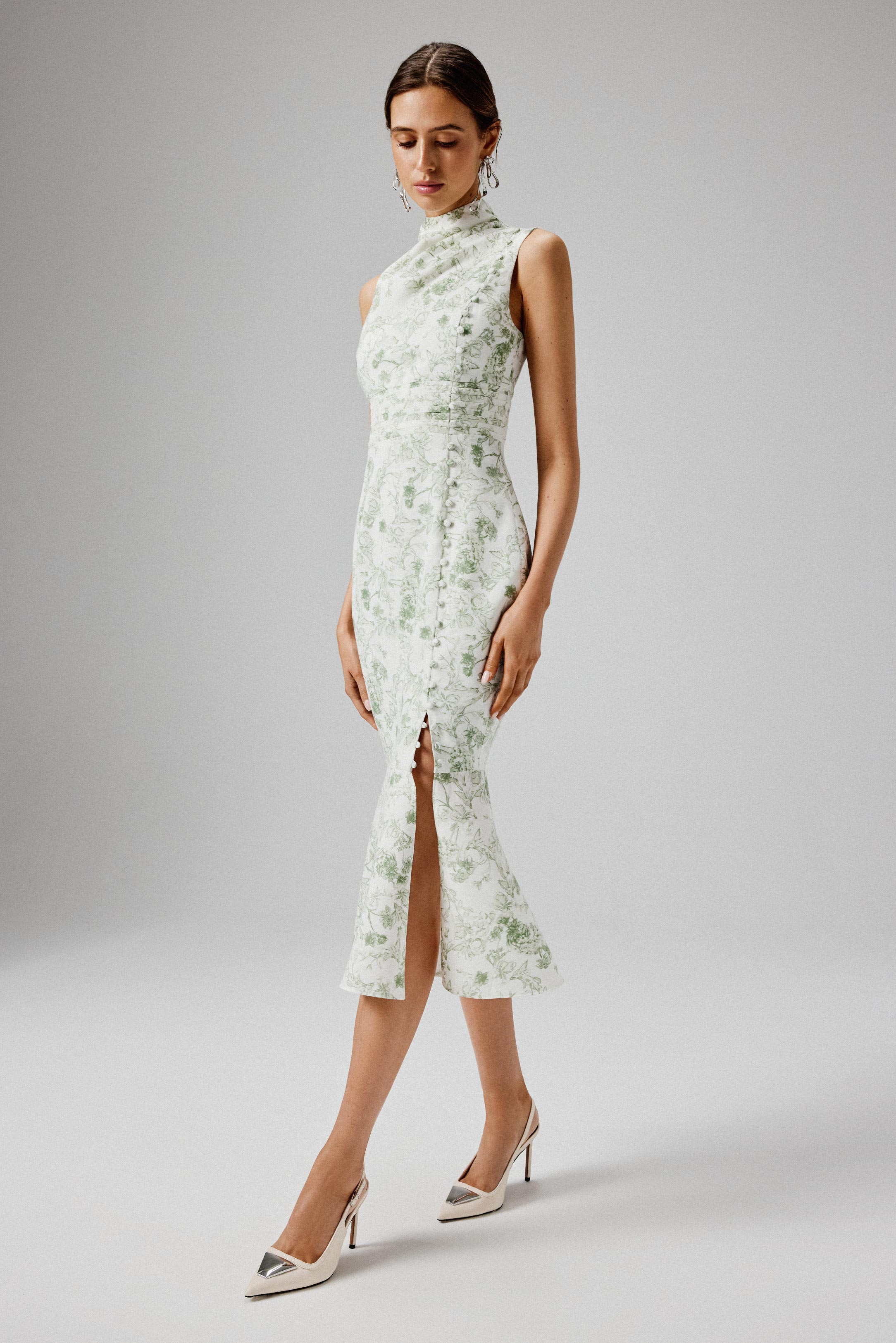 SAFFRON High Neck Crepe Midi Dress in Sage Porcelain Print