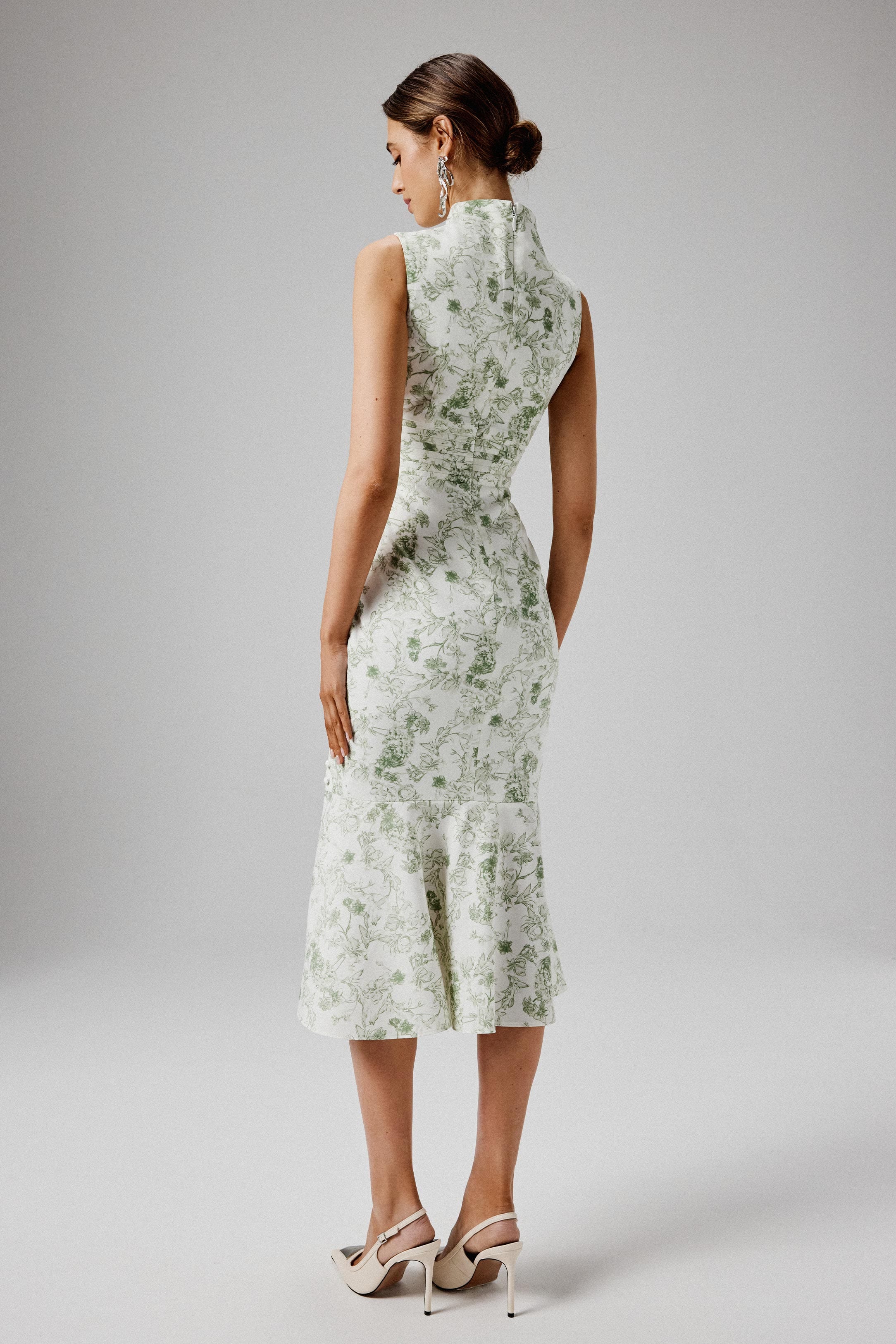 SAFFRON High Neck Crepe Midi Dress in Sage Porcelain Print