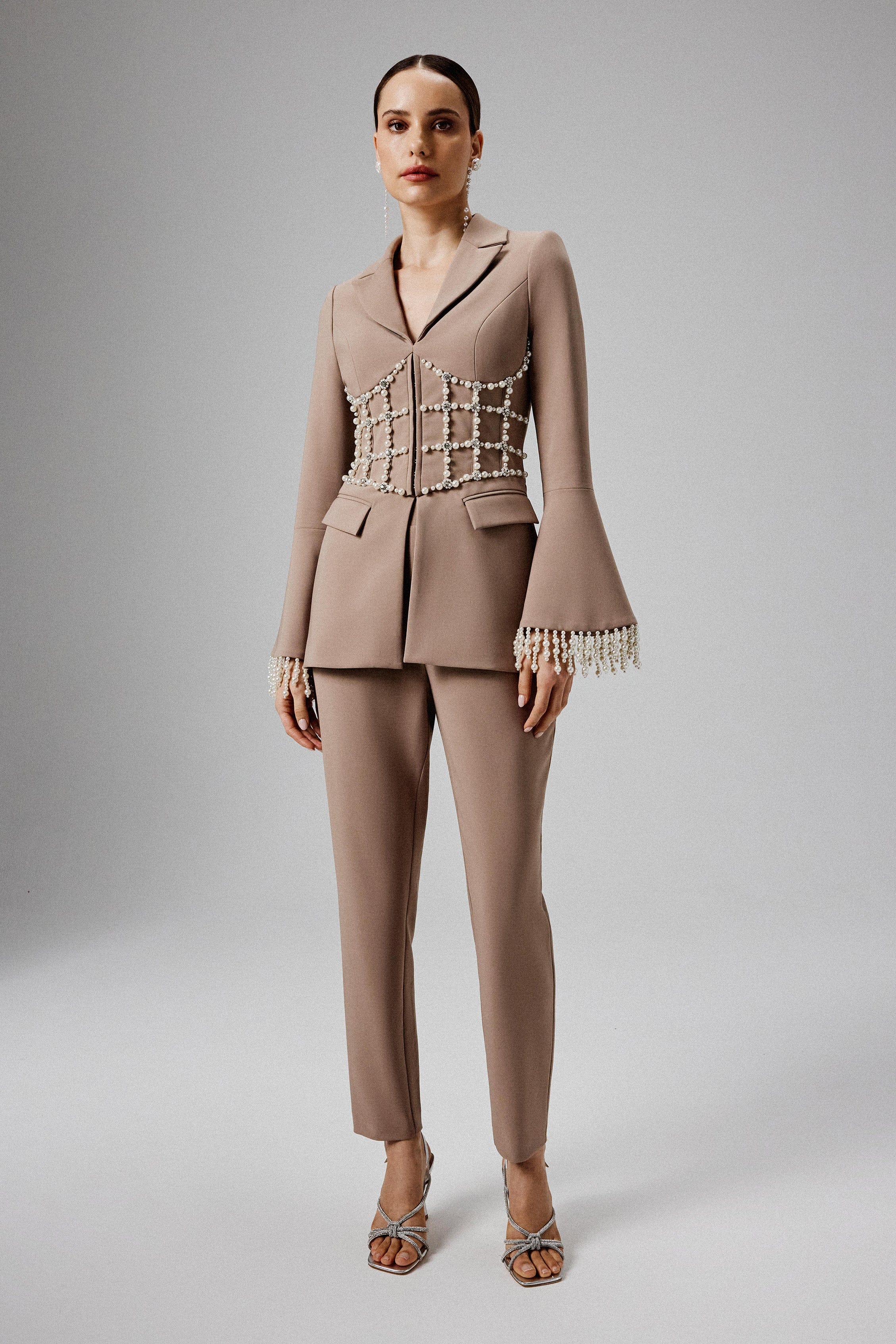 CELESTE Pearl Embellished Blazer in Mushroom