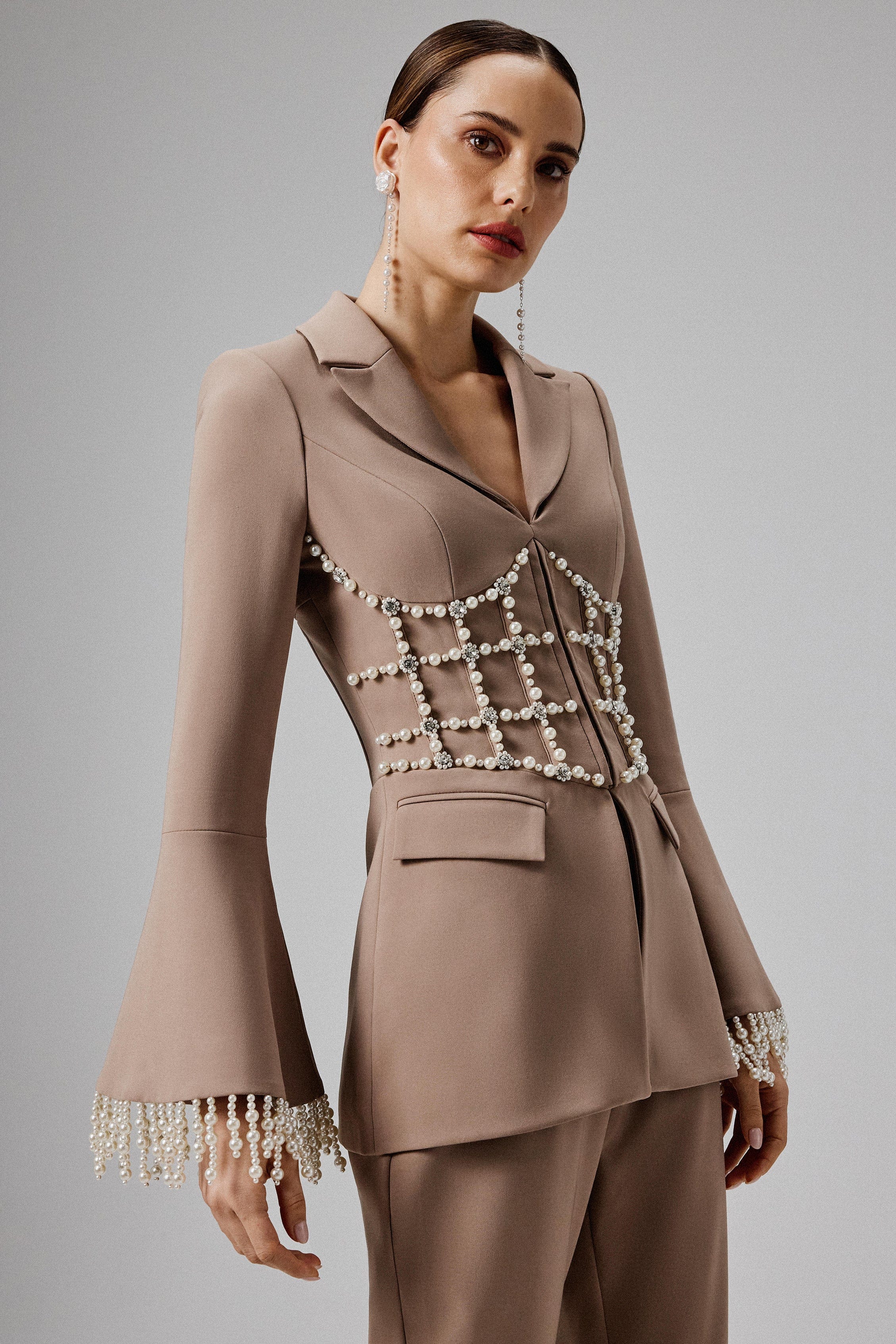 CELESTE Pearl Embellished Blazer in Mushroom