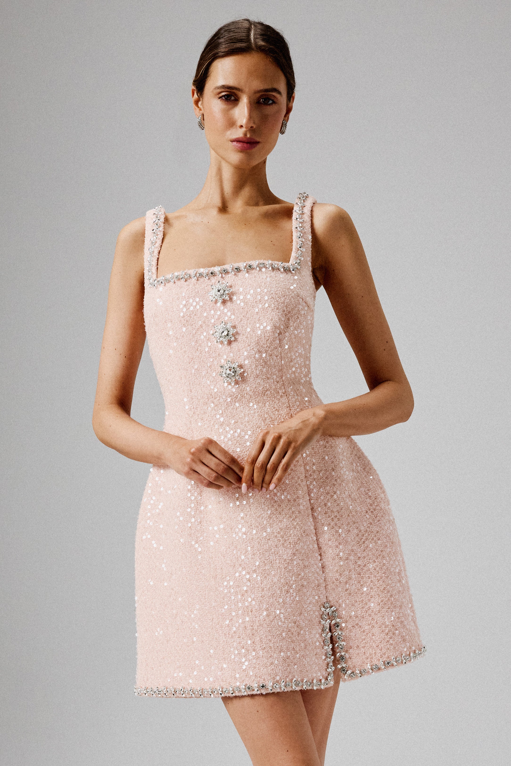 ZOEY Embellished Boucle Tulip Mini Dress in Blush Pink