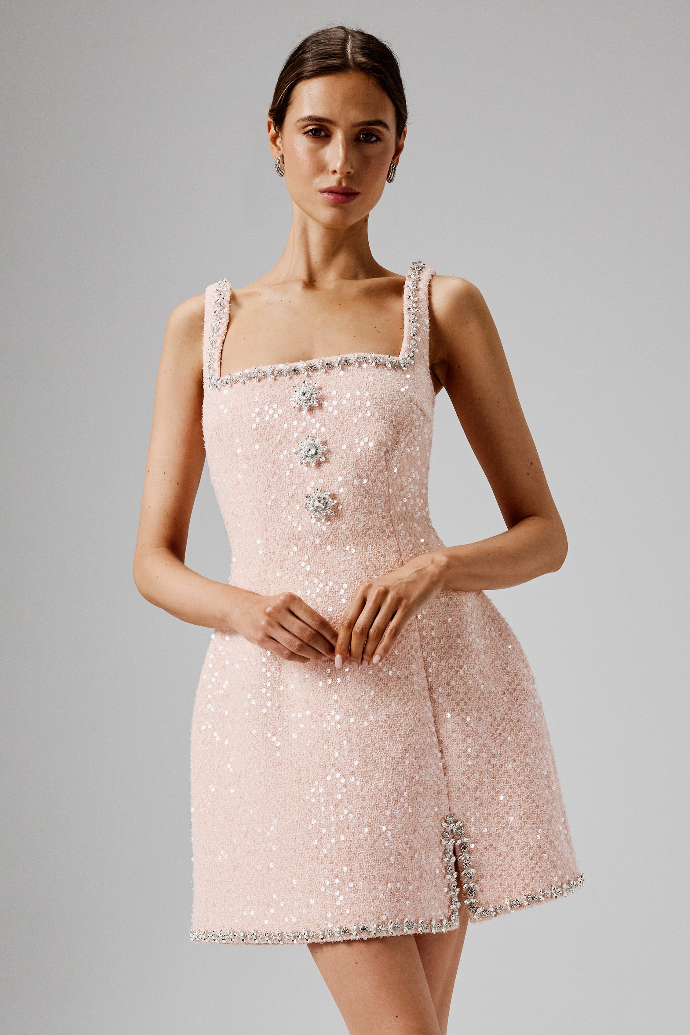 ZOEY Embellished Boucle Tulip Mini Dress in Blush Pink