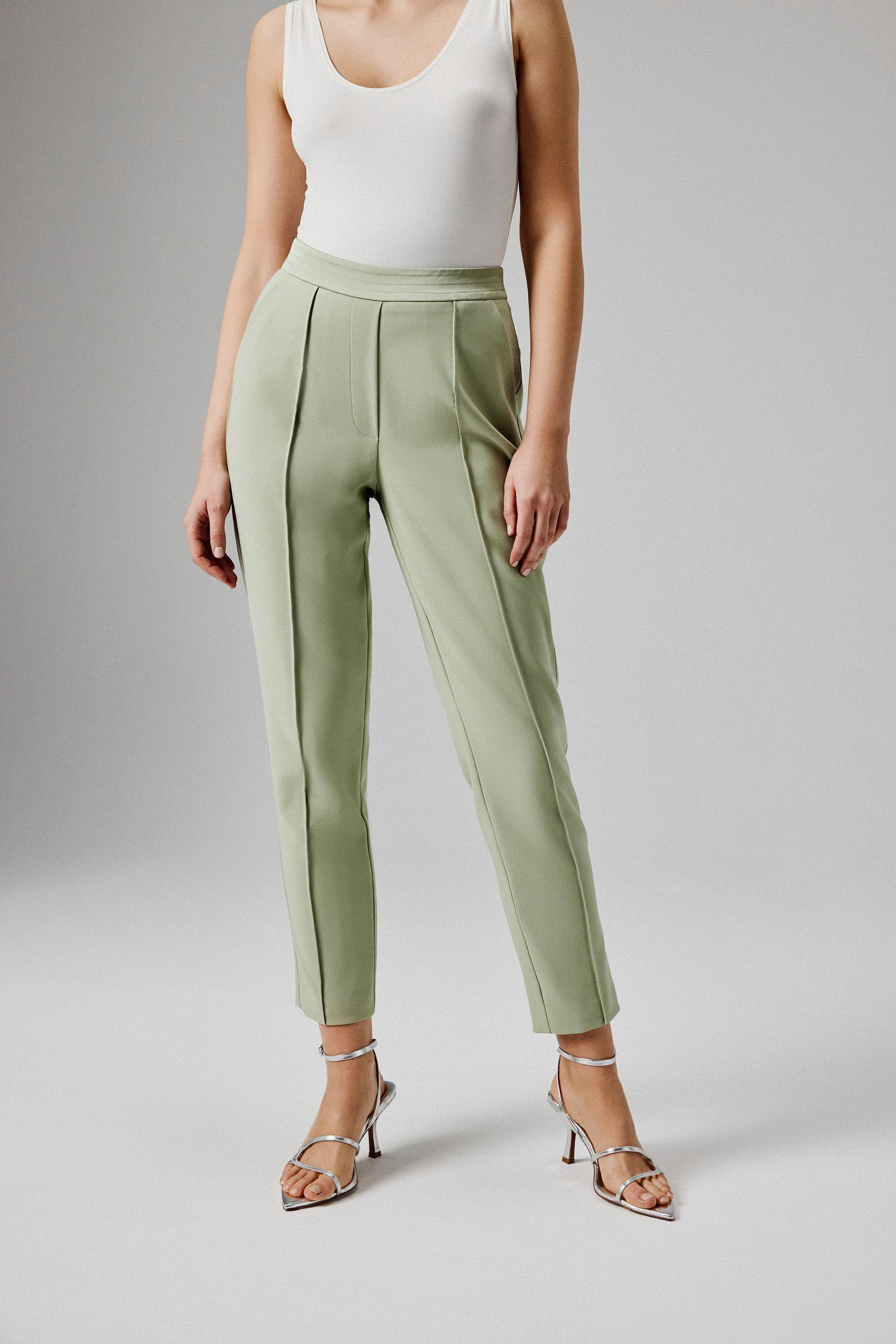 JUNE Mid Rise Satin Mix Tailored Trousers in Sage Green