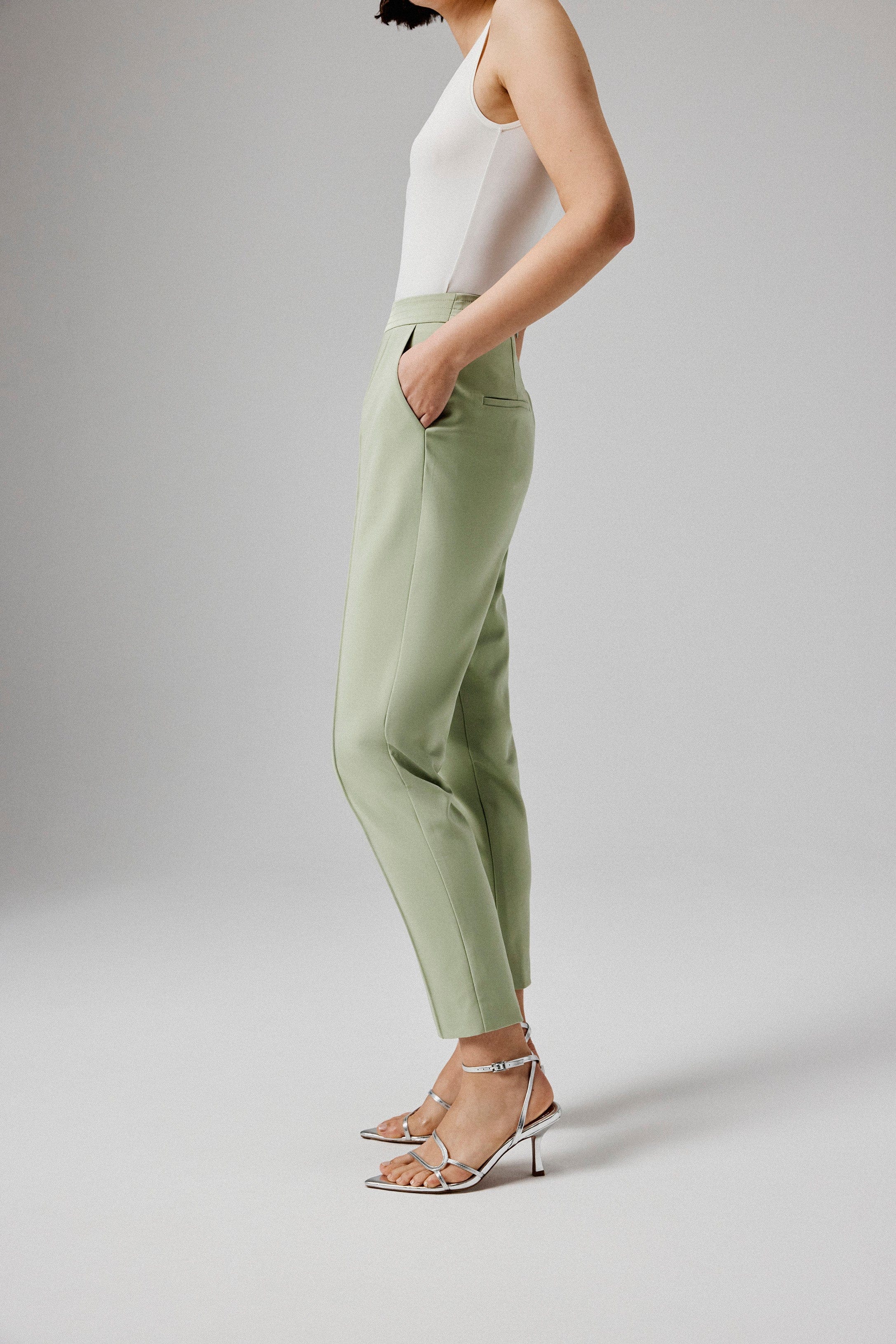 JUNE Mid Rise Satin Mix Tailored Trousers in Sage Green