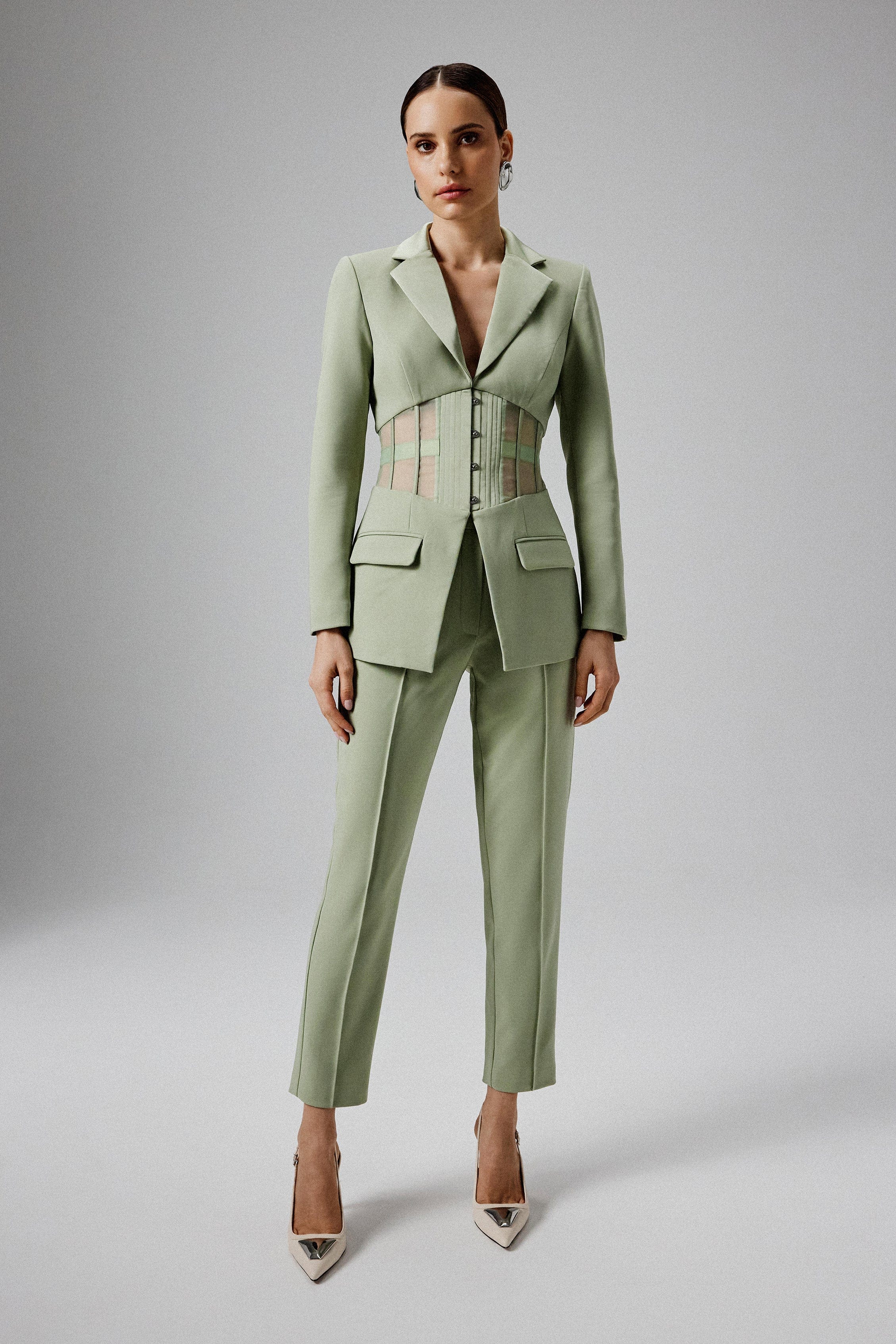 ROSIE Sheer Satin Mix Corset Blazer in Sage Green