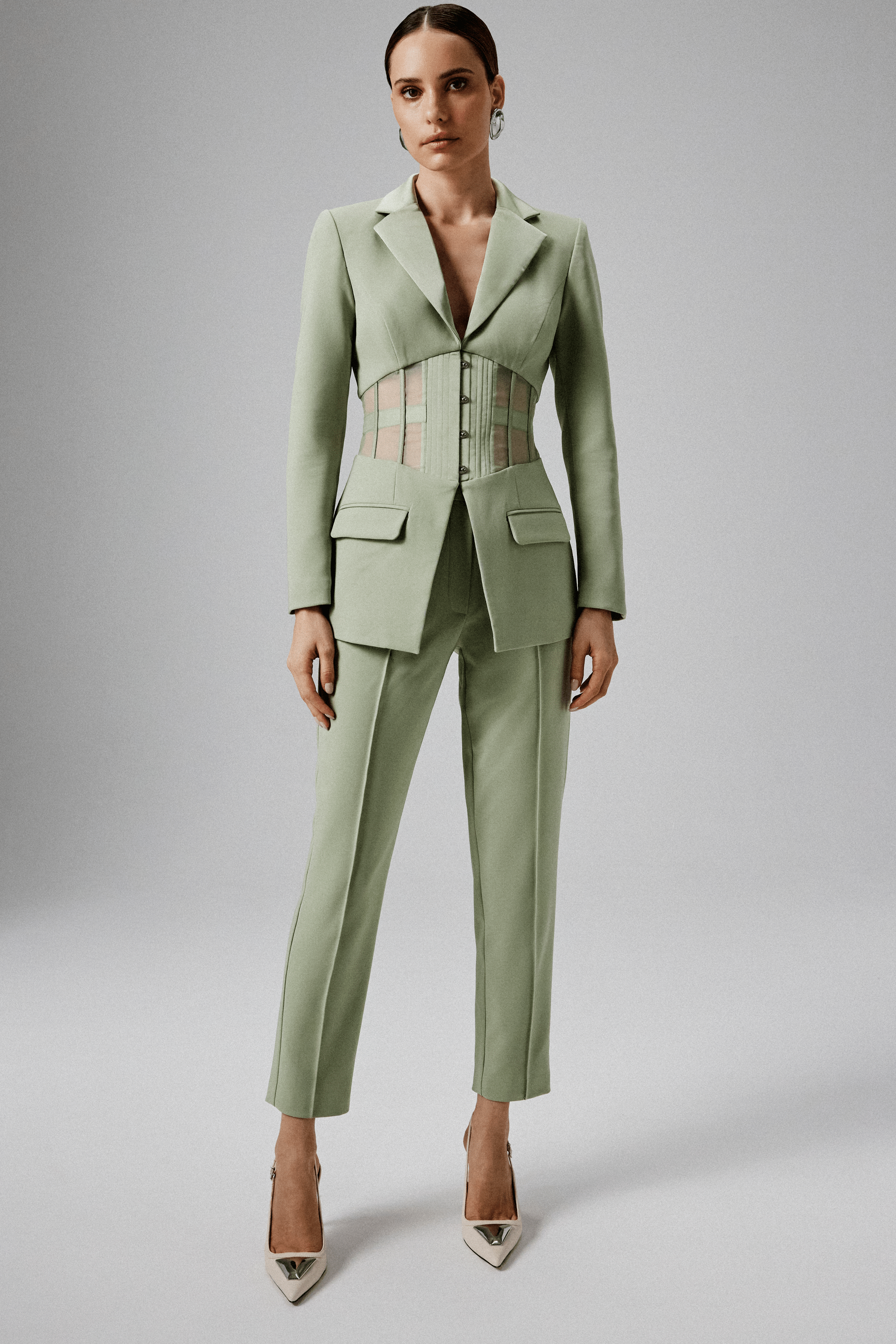 JUNE Mid Rise Satin Mix Tailored Trousers in Sage Green