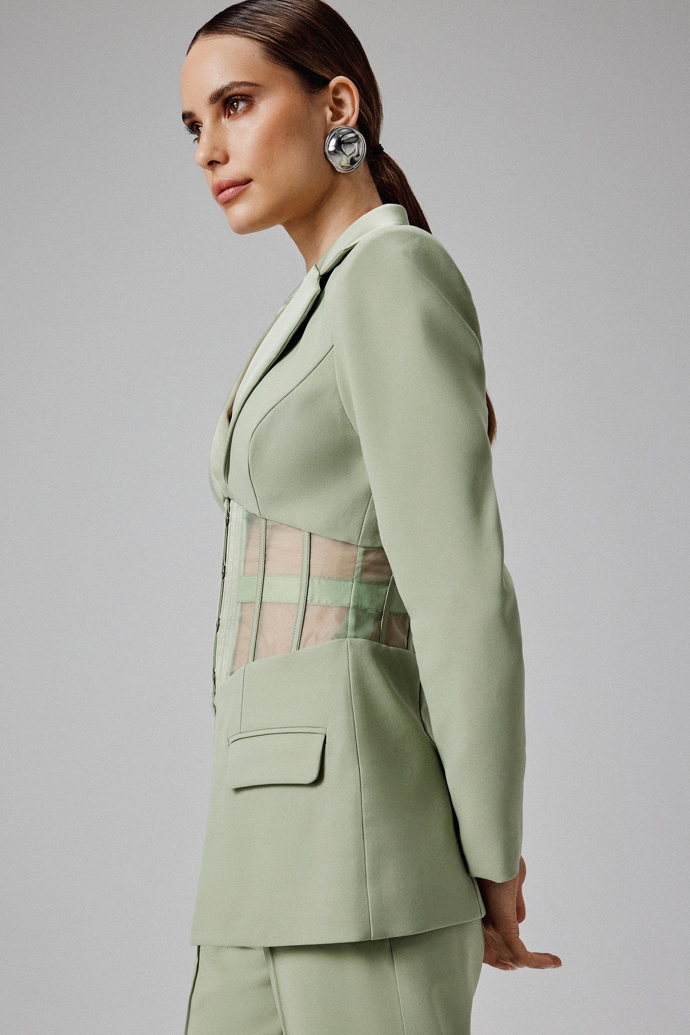 ROSIE Sheer Satin Mix Corset Blazer in Sage Green