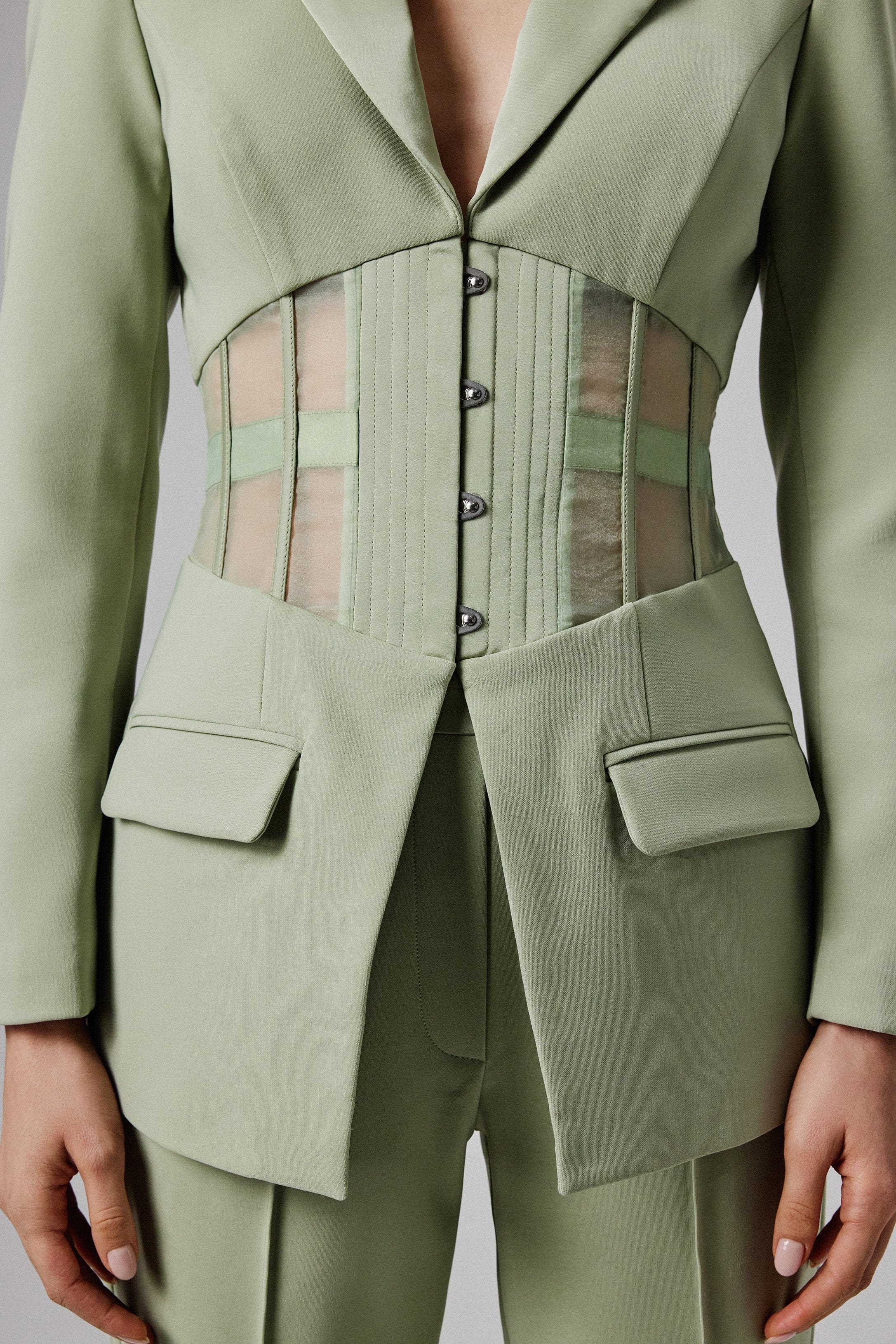 ROSIE Sheer Satin Mix Corset Blazer in Sage Green