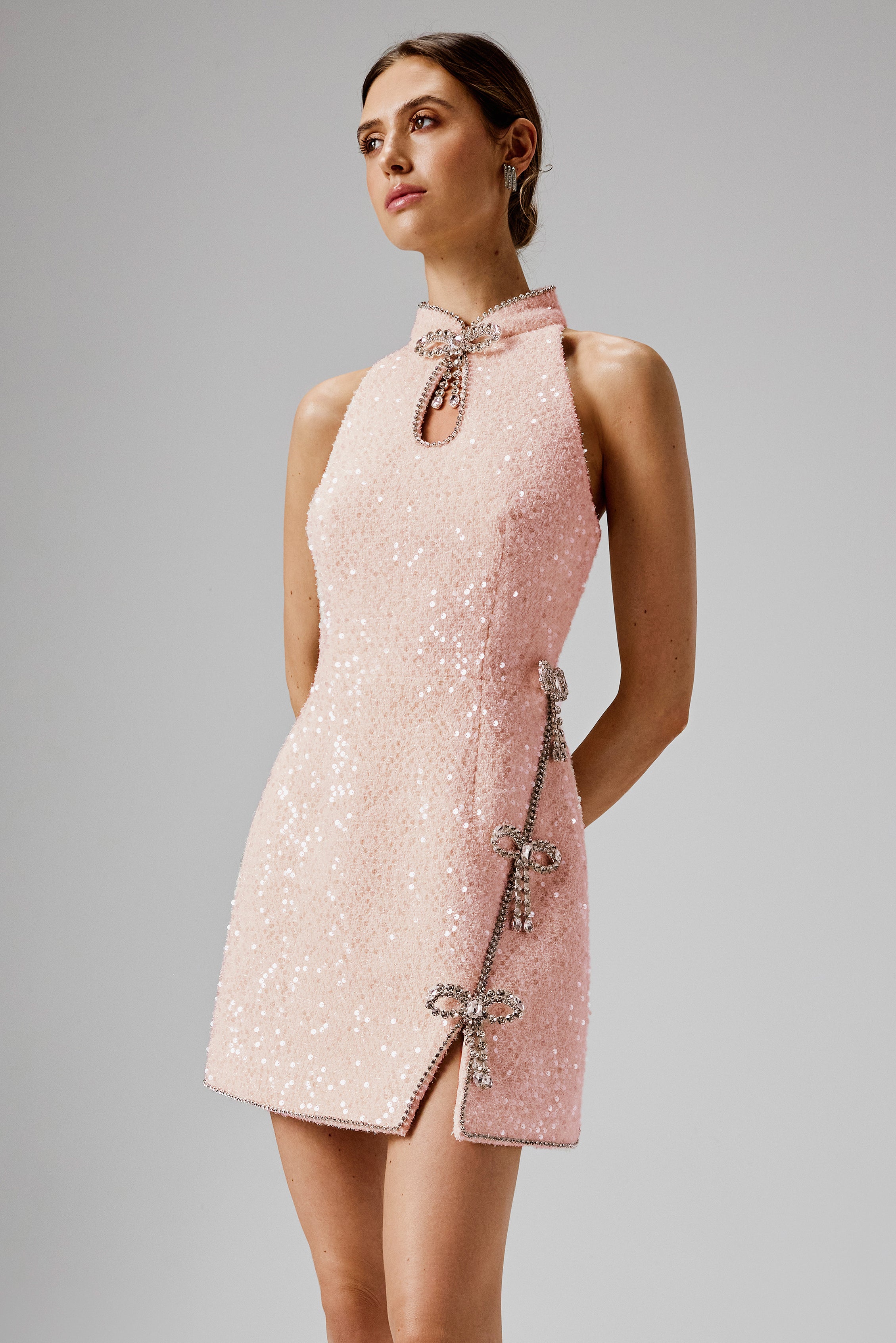 SOLENE Sequin Boucle High Collar Mini Dress with Bow Embellishment in Pink