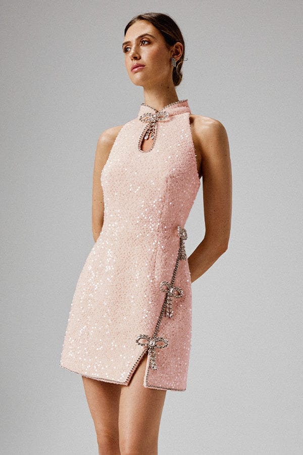 SOLENE Sequin Boucle High Collar Mini Dress with Bow Embellishment in Pink