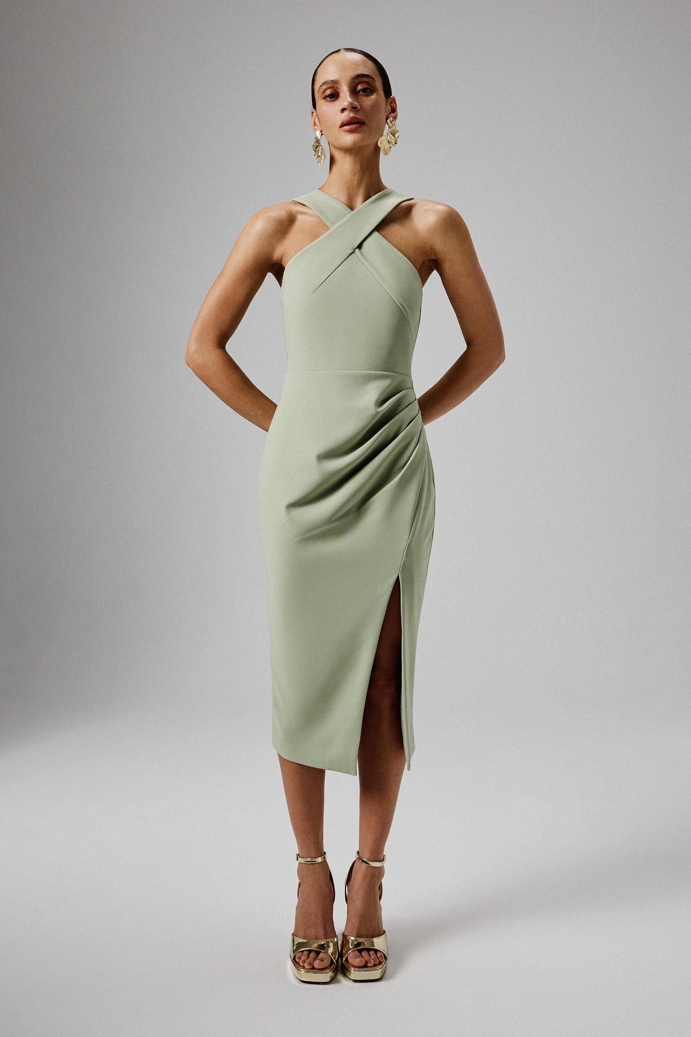 LENA Wrap Halterneck Midi Dress in Sage Green