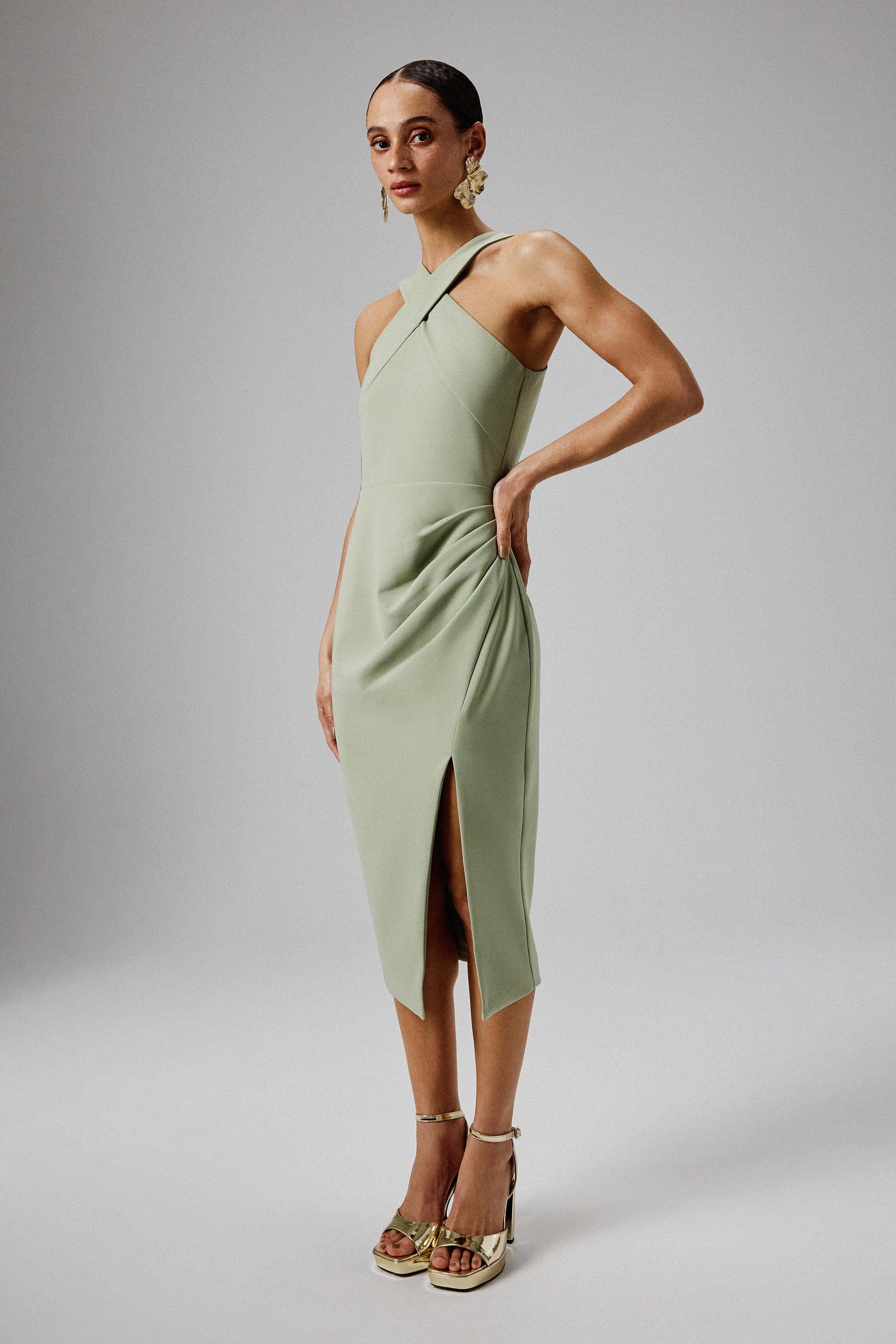 LENA Wrap Halterneck Midi Dress in Sage Green