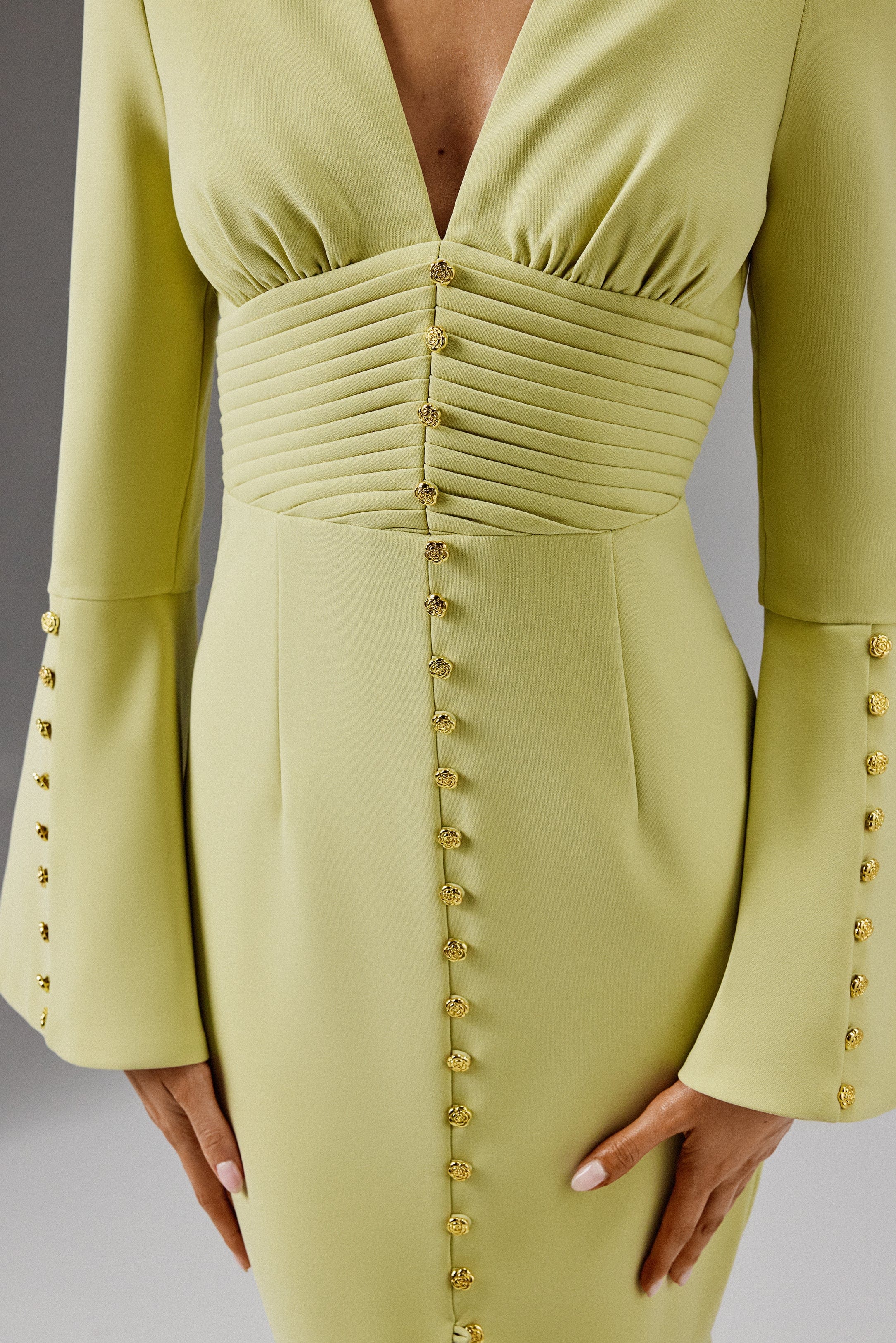 SALMA Fluted Sleeve Micro Rose Button Midi Dress in Lime Green